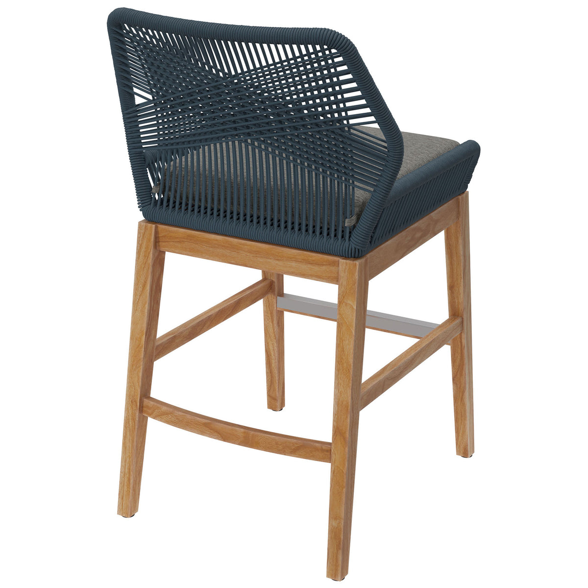 Blue graphite rope counter stool displaying the signature crisscross pattern and open, breathable back. || EEI-7126-BLU-GPH || back_angle_studio