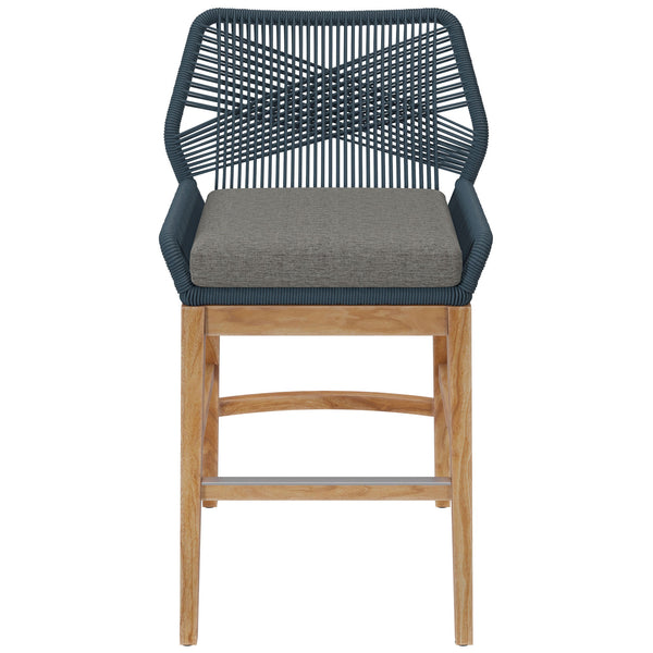 Wellspring blue graphite counter stool with supportive rope backrest, gray cushion, and warm teak base. || EEI-7126-BLU-GPH || front_studio