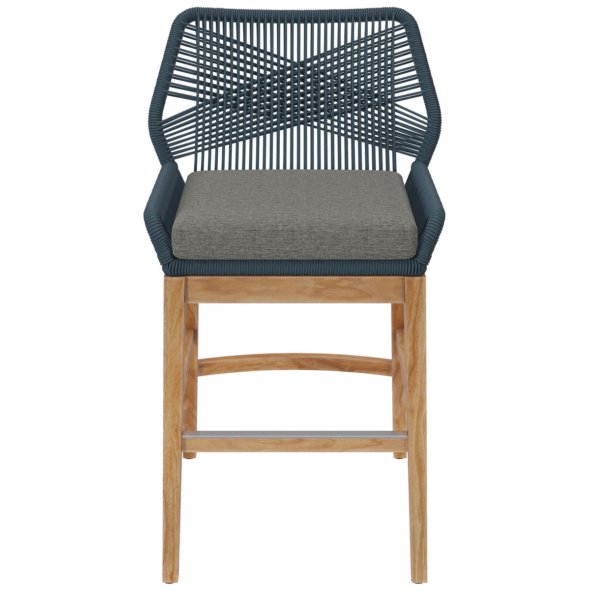Wellspring blue graphite counter stool with supportive rope backrest, gray cushion, and warm teak base. || EEI-7126-BLU-GPH || front_studio