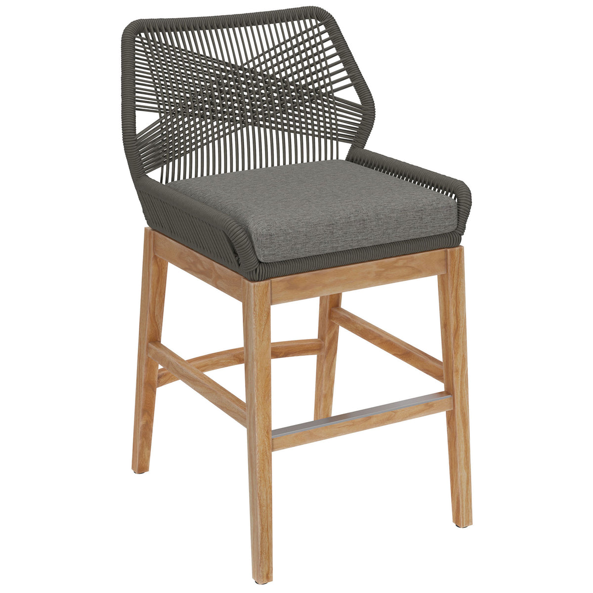 Gray graphite counter stool featuring sculpted rope arms, cushioned seat, and clean-lined teak legs. || EEI-7126-GRY-GPH || front_angle_studio
