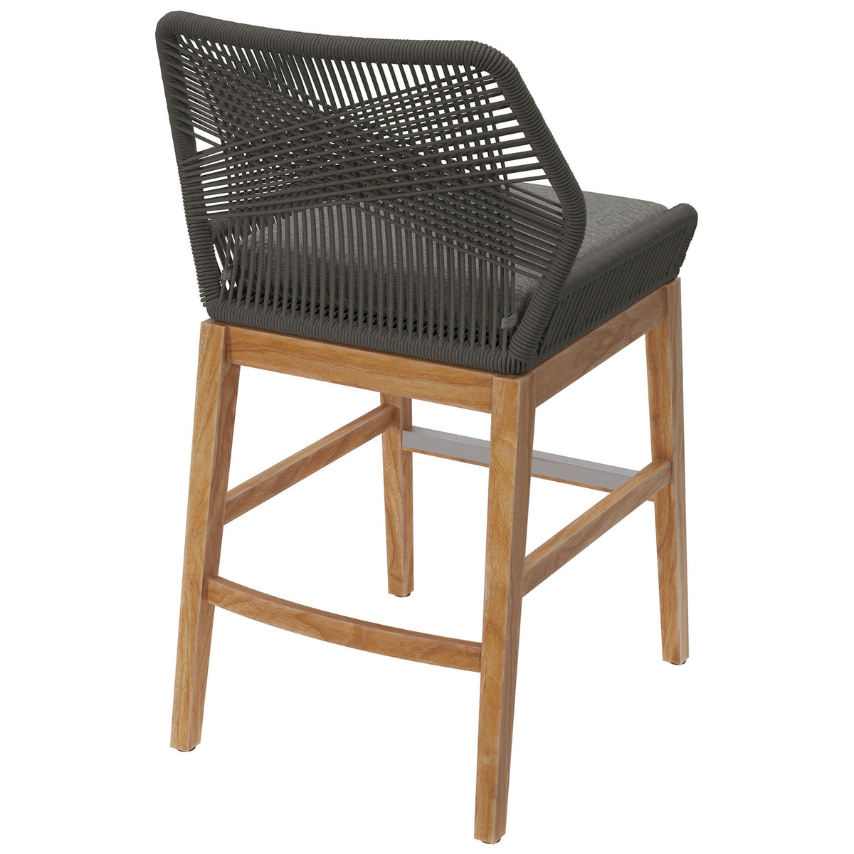 Gray graphite rope counter stool displaying the signature crisscross back pattern and open, airy design. || EEI-7126-GRY-GPH || back_angle_studio