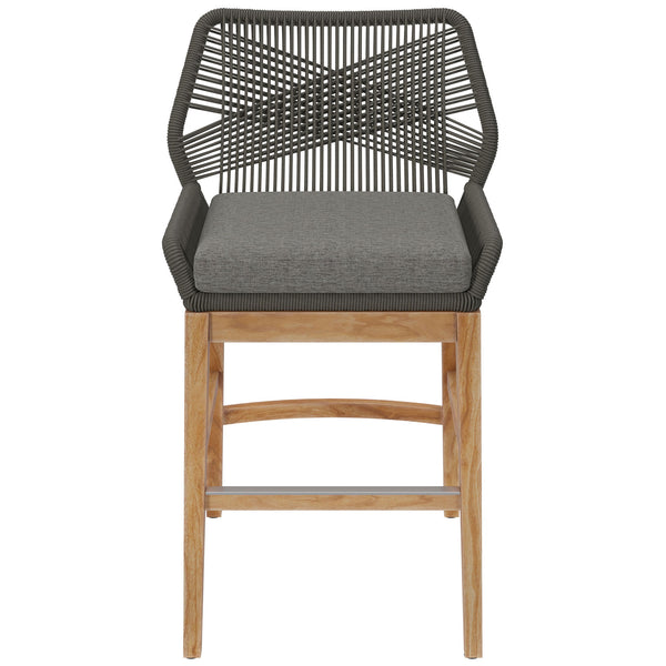 Wellspring gray graphite counter stool with supportive rope back, thick gray cushion, and warm teak base. || EEI-7126-GRY-GPH || front_studio