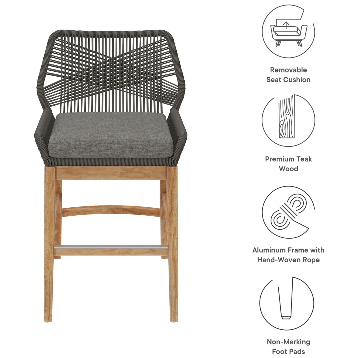 Gray graphite counter stool with rope back, cushioned seat, teak base, removable cushion, and non-marking foot pads. || EEI-7126-GRY-GPH || callout_studio