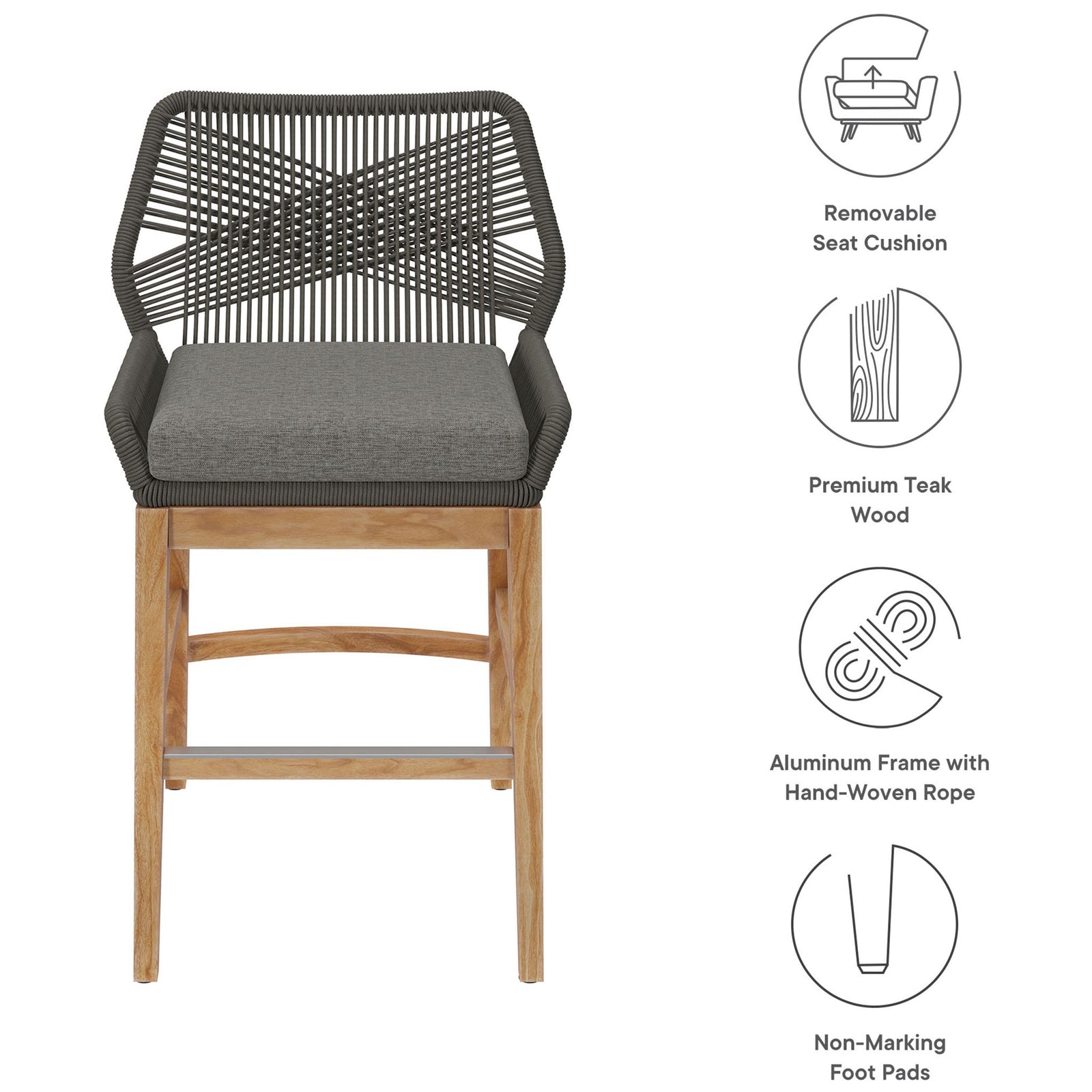 Gray graphite counter stool with rope back, cushioned seat, teak base, removable cushion, and non-marking foot pads. || EEI-7126-GRY-GPH || callout_studio