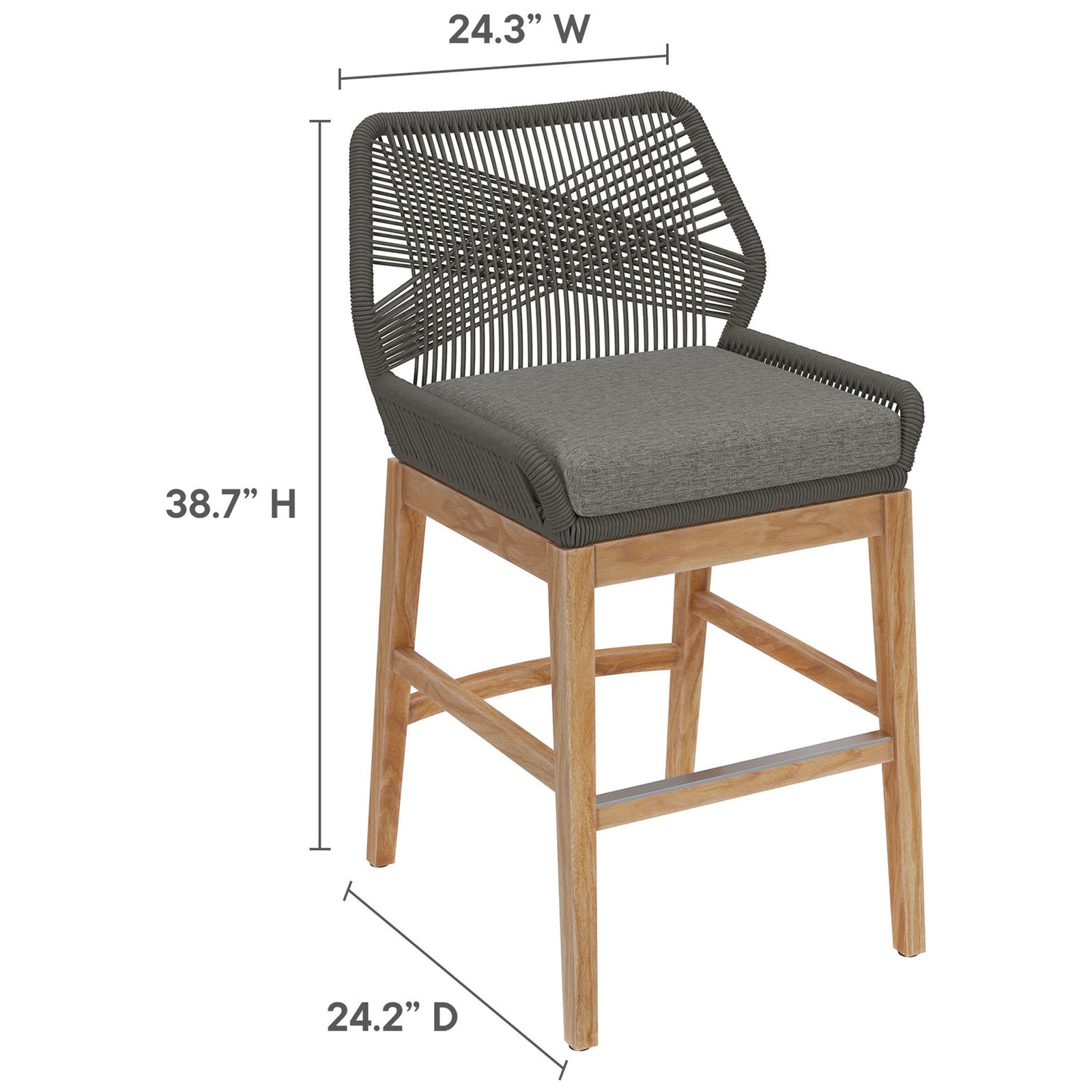 Gray graphite counter stool with rope back and cushion, presented with precise width, depth, and height dimensions. || EEI-7126-GRY-GPH || dimension_studio