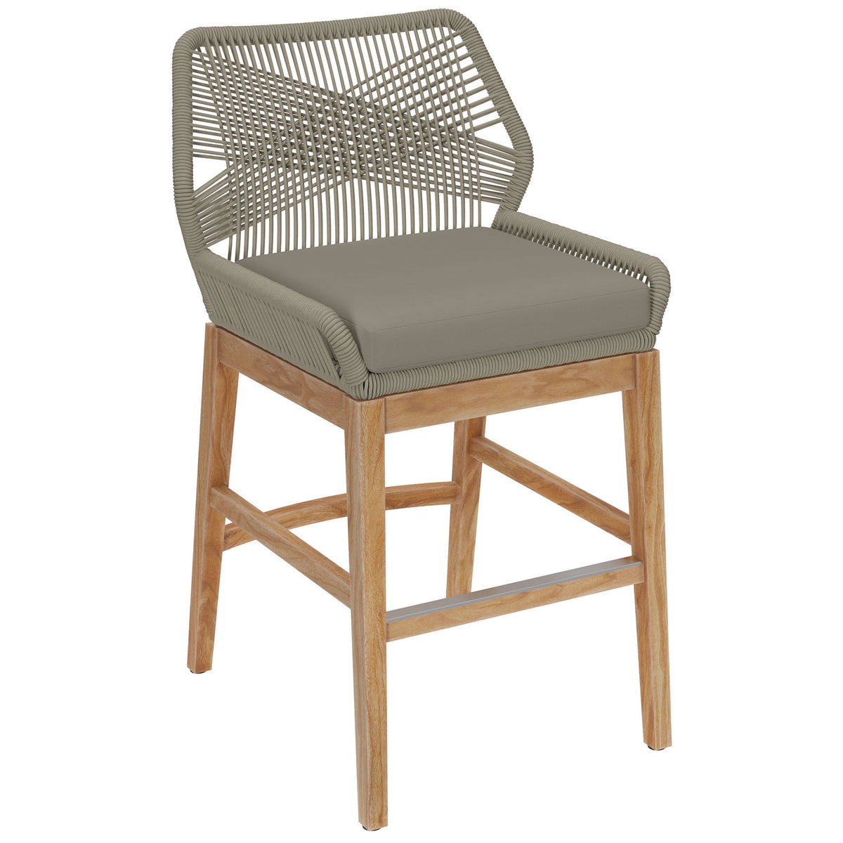 Light gray greige counter stool featuring sculpted rope arms, tailored cushion, and clean-lined teak legs. || EEI-7126-LGR-GRG || front_angle_studio