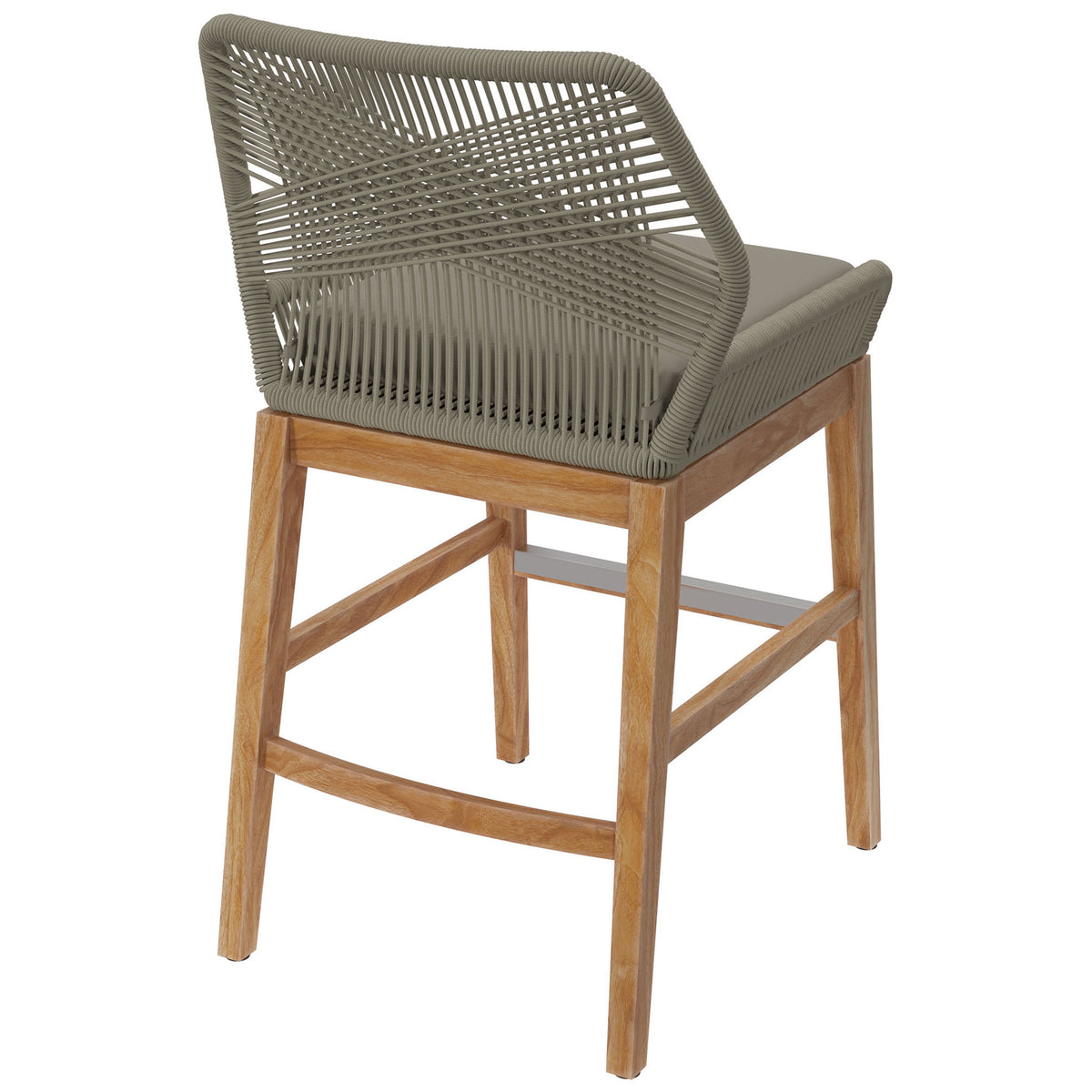 Light gray greige rope counter stool displaying an airy crisscross back and sturdy teak leg supports. || EEI-7126-LGR-GRG || back_angle_studio