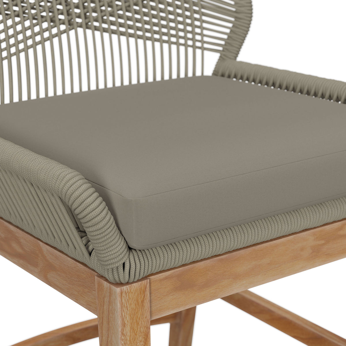 Light greige performance cushion resting on a tightly braided rope frame for inviting counter-height comfort. || EEI-7126-LGR-GRG || detail_studio