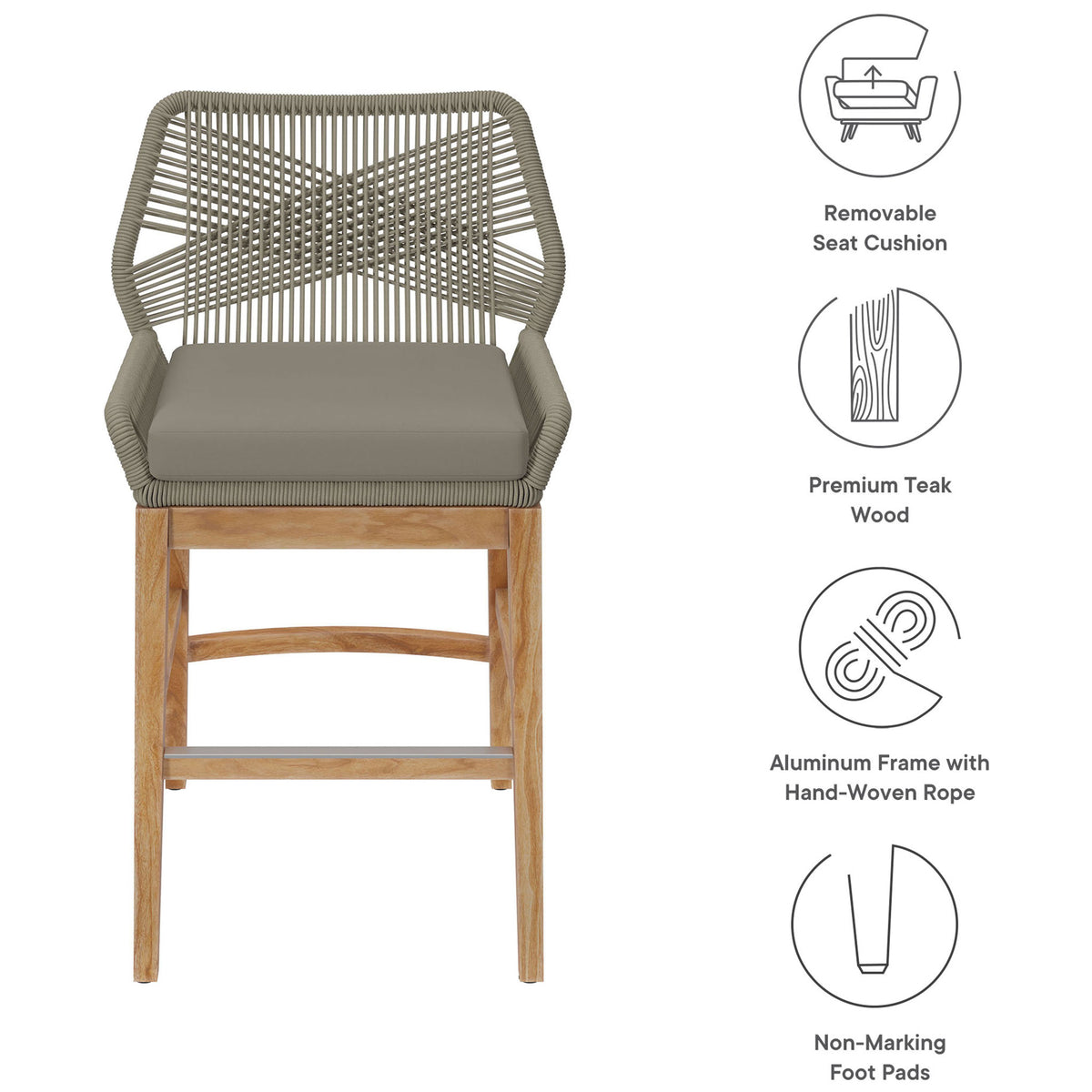 Light gray greige counter stool with rope back, plush cushion, teak base, removable cushion, and non-marking foot pads. || EEI-7126-LGR-GRG || callout_studio