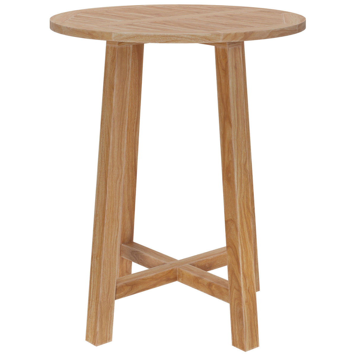 Round natural teak bar table with slatted top and cross-braced legs for stylish outdoor patios || EEI-7127-NAT || front_angle_studio