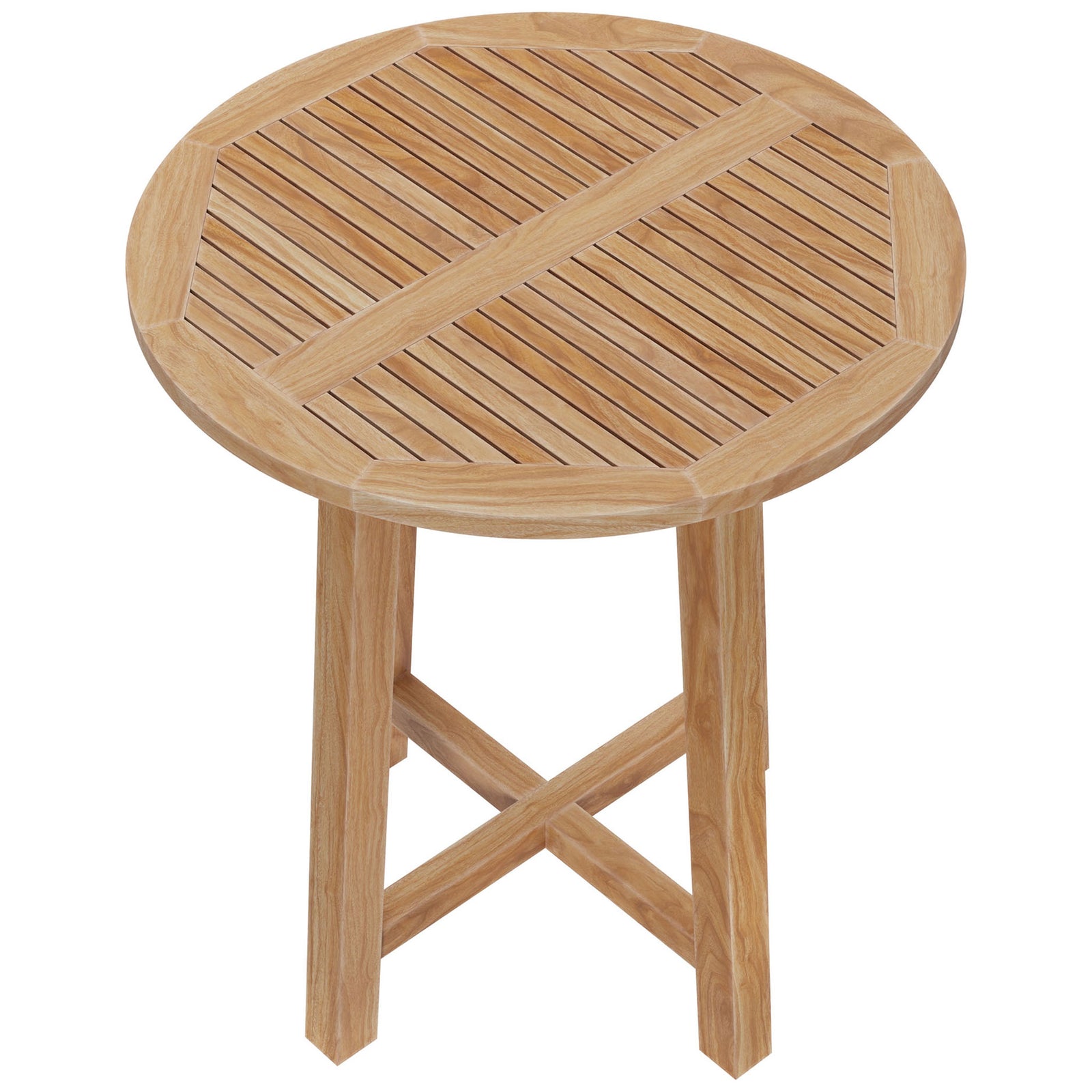 Spacious slatted teak tabletop offers a 36 in round surface for casual drinks and dining outdoors || EEI-7127-NAT || top_studio
