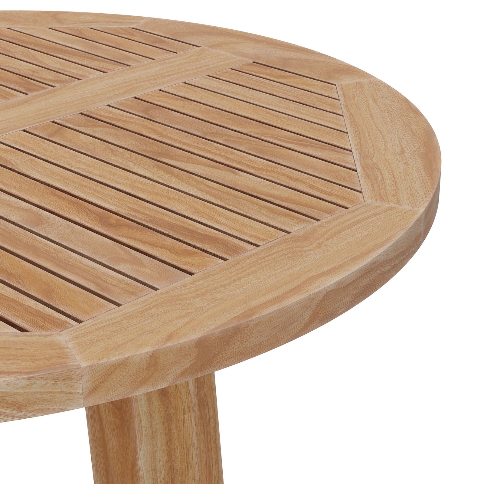Rich natural teak wood grain and precise slatted detailing showcase the Wellspring bar table craftsmanship || EEI-7127-NAT || swatch_studio