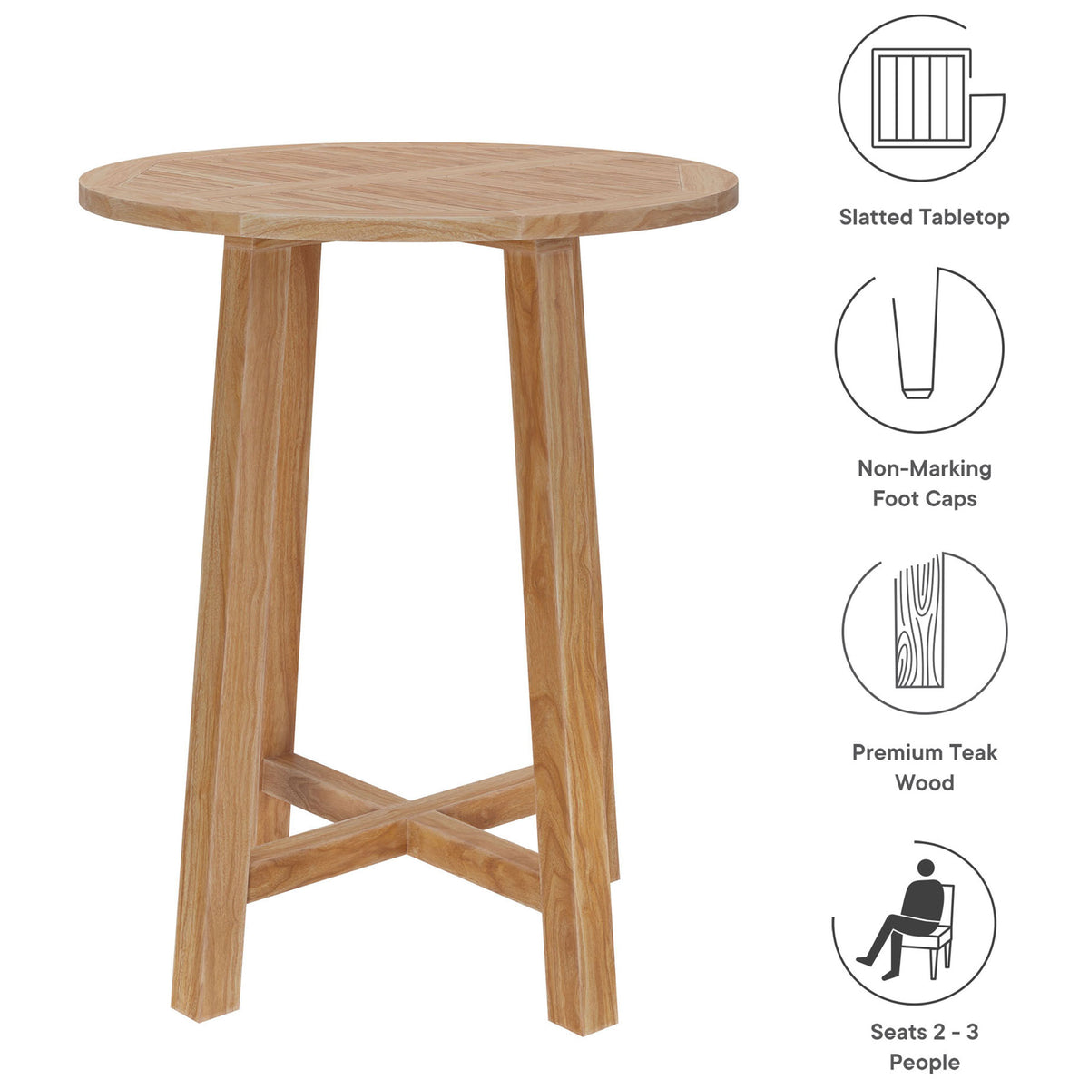 Feature highlights of the Wellspring teak bar table including slatted top, non-marking feet, and seating for three || EEI-7127-NAT || callout_studio