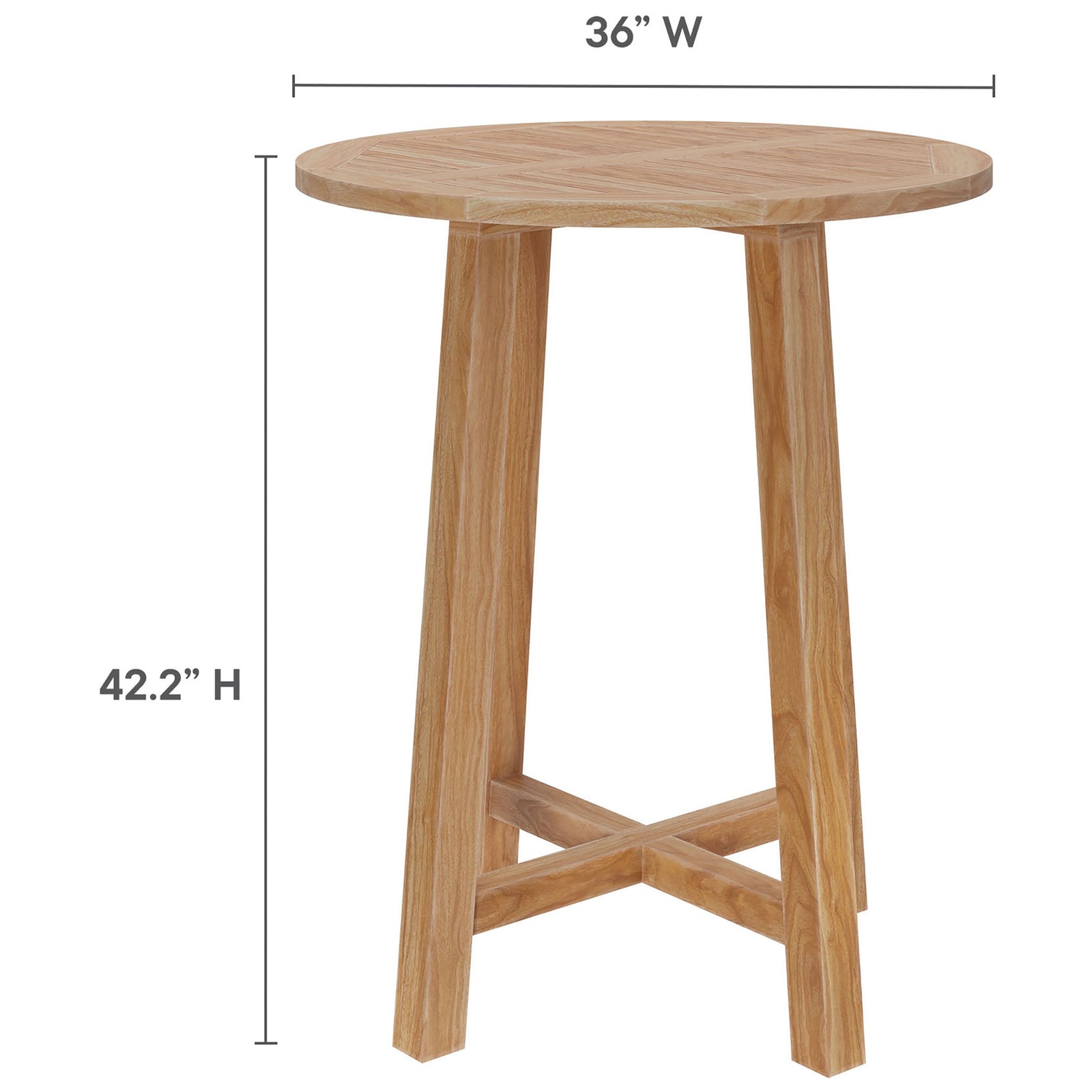 Dimensions of the Wellspring 36 in outdoor teak bar table sized for compact patios and balcony bars || EEI-7127-NAT || dimension_studio