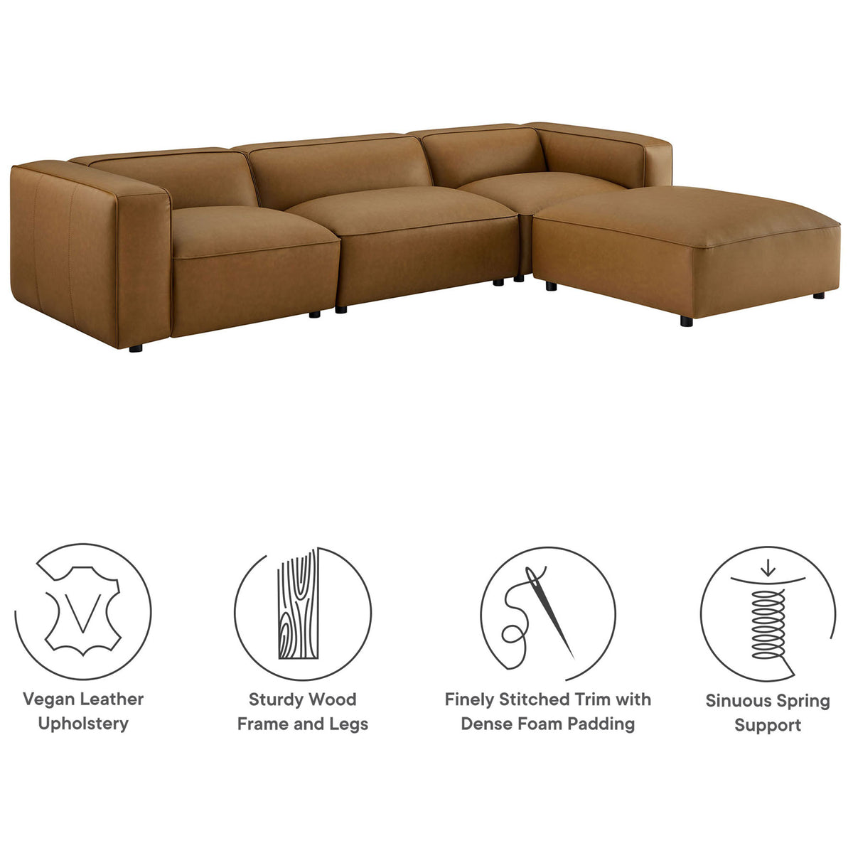 Camel modular sectional in vegan leather with icons highlighting wood frame, dense foam, and spring support || EEI-7128-CAM || callout_studio