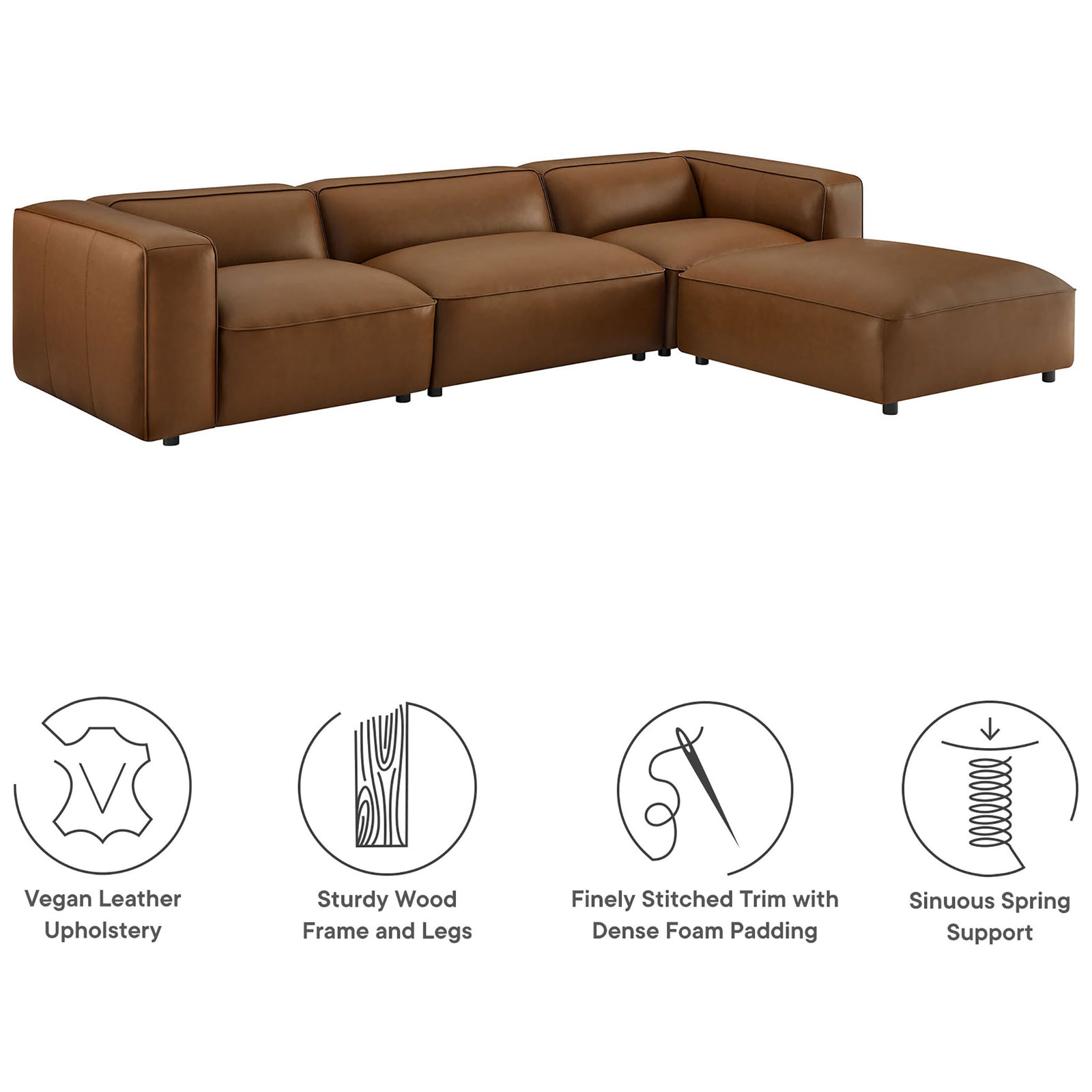 Coffee vegan leather modular sofa set with icons highlighting wood frame foam padding and spring support || EEI-7128-COF || callout_studio