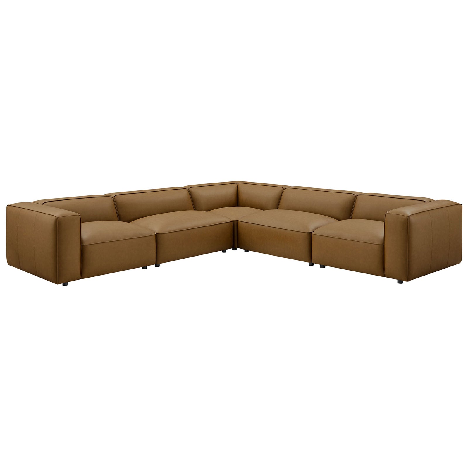 Camel vegan leather modular L-shaped sectional with deep seats and generous track arms || EEI-7129-CAM || front_angle_studio