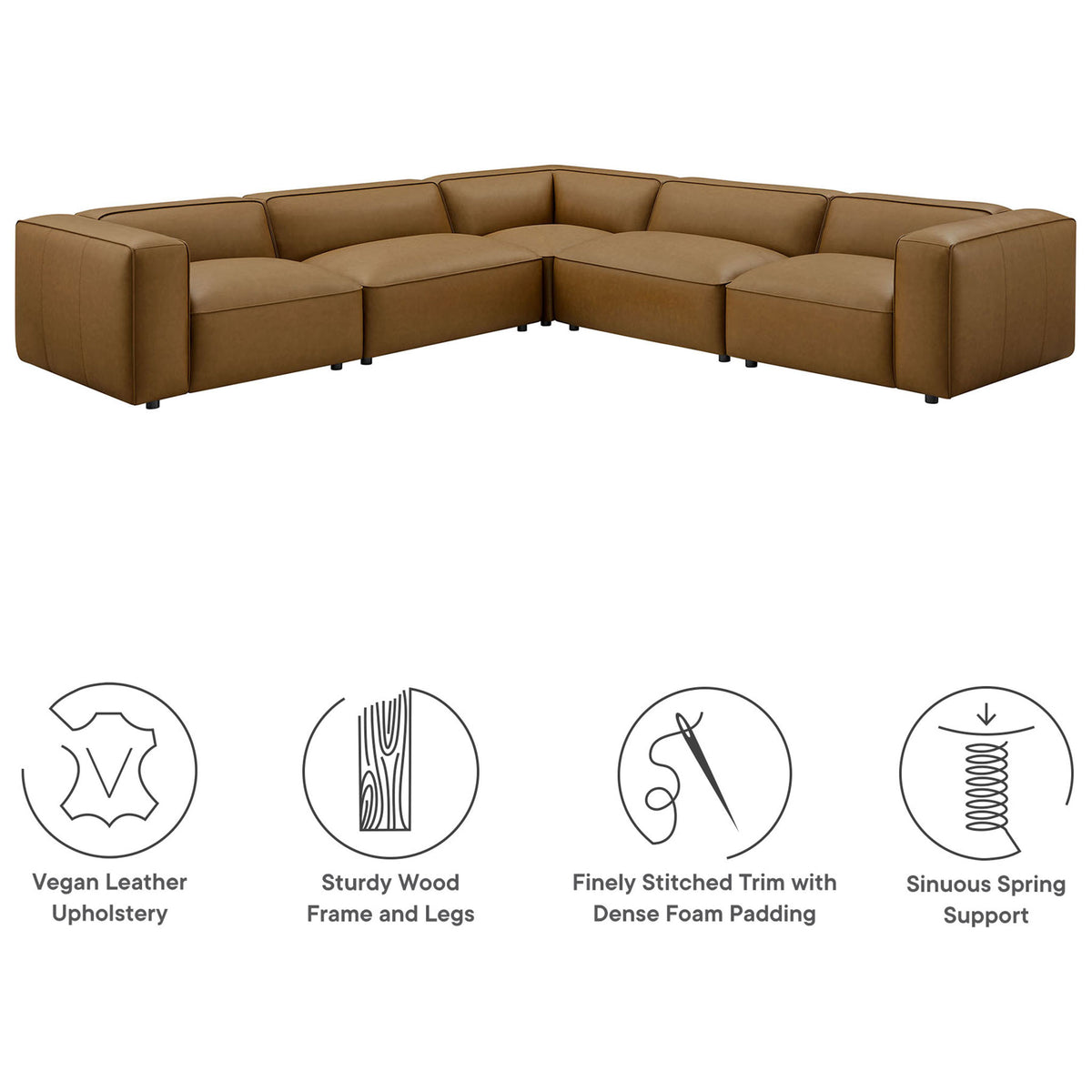 Camel vegan leather modular sectional with icons highlighting comfort, support, and durable construction || EEI-7129-CAM || callout_studio