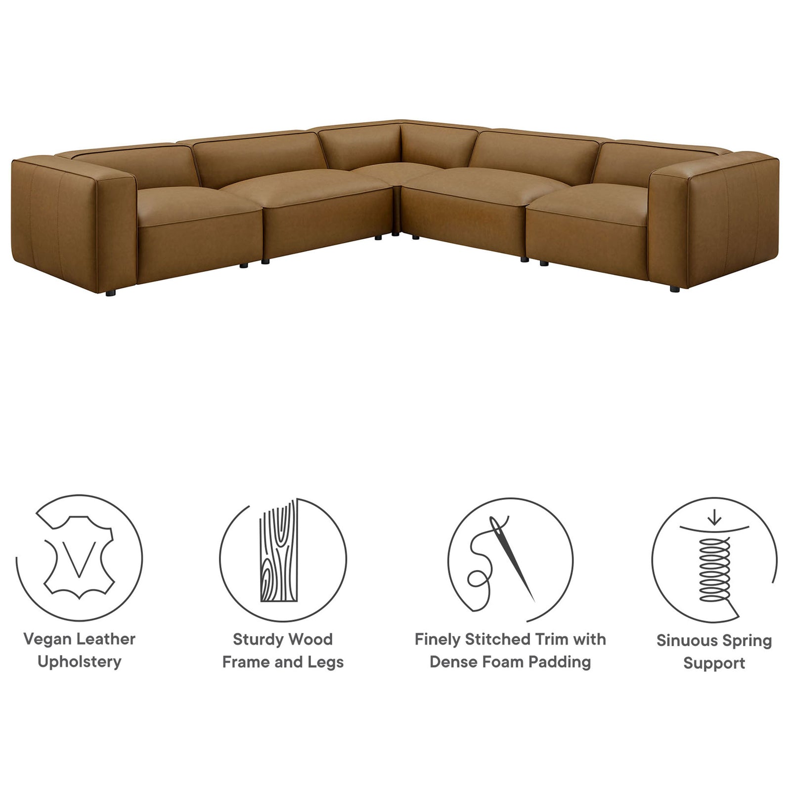 Camel vegan leather modular sectional with icons highlighting comfort, support, and durable construction || EEI-7129-CAM || callout_studio