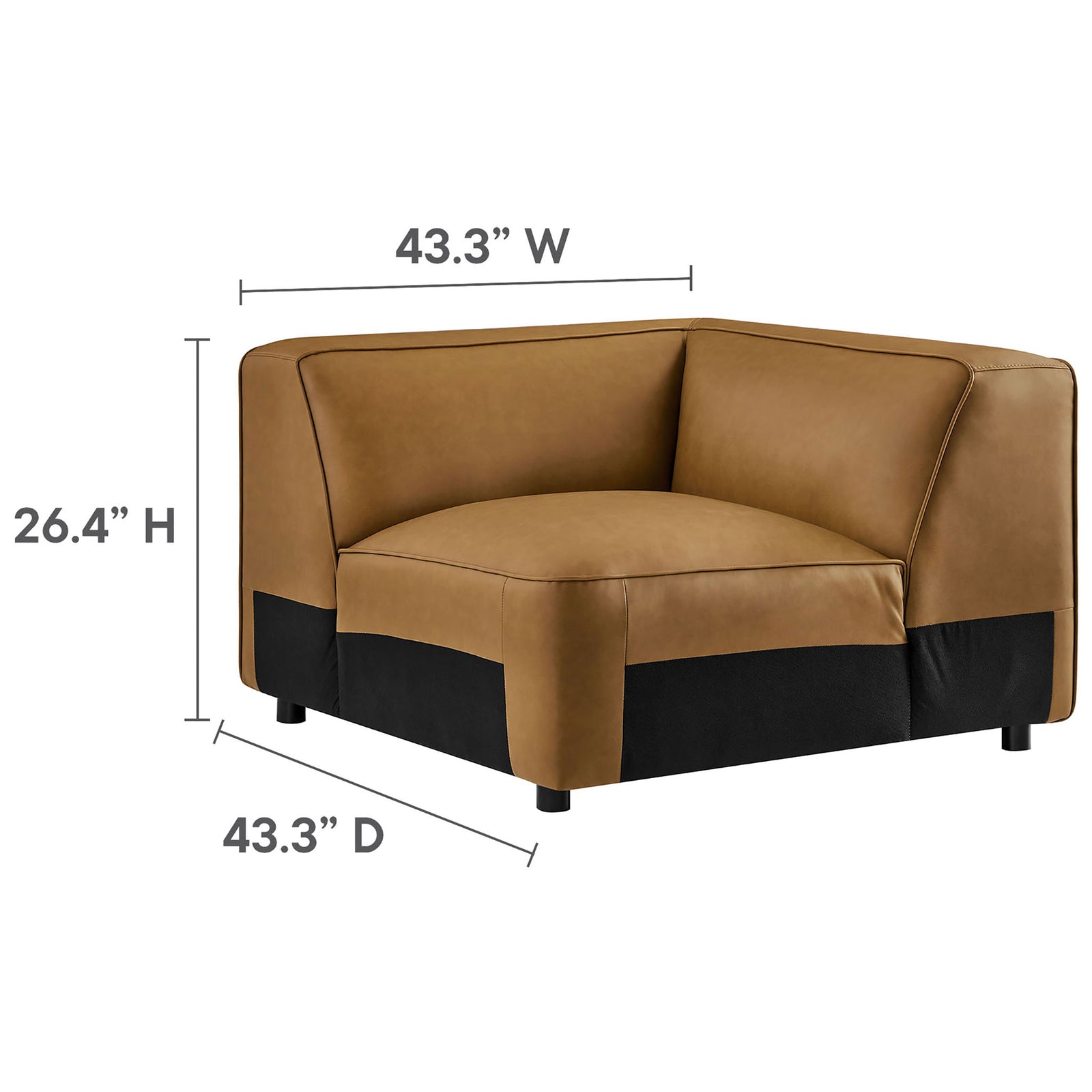 Camel modular corner seat showing generous curves and clearly marked width, depth, and height dimensions || EEI-7129-CAM || dimension_studio