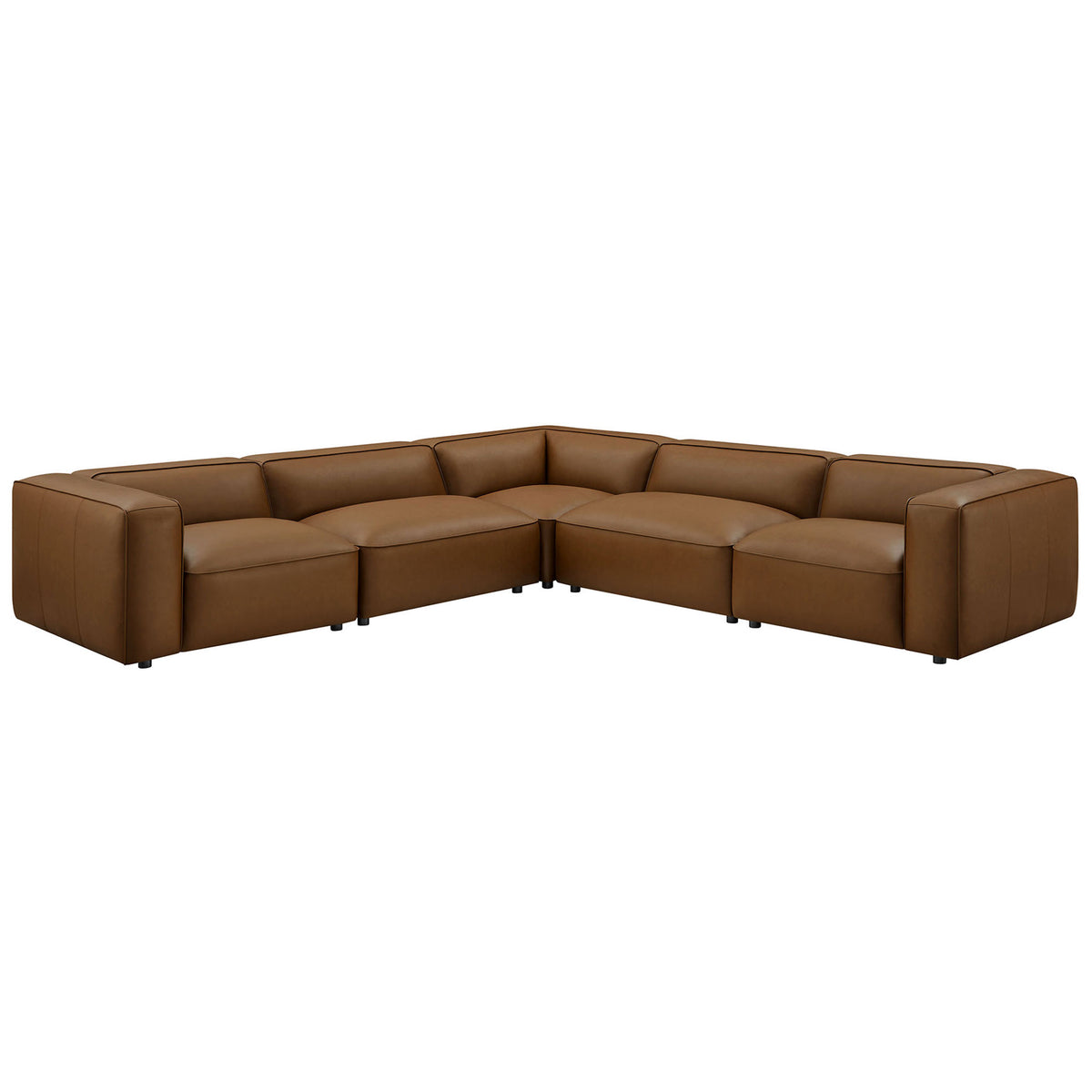 Coffee vegan leather modular L-shaped sectional sofa with plush cushions and modern block arms || EEI-7129-COF || front_angle_studio