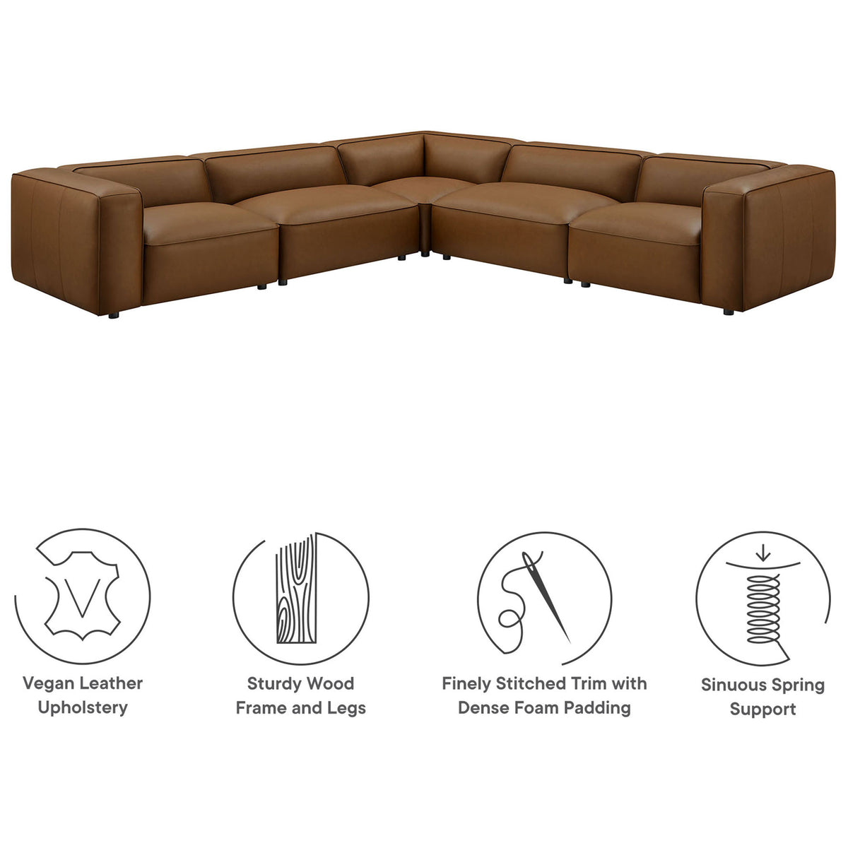 Auren coffee vegan leather sectional sofa with icons showing upholstery, frame, stitching, and spring support || EEI-7129-COF || callout_studio