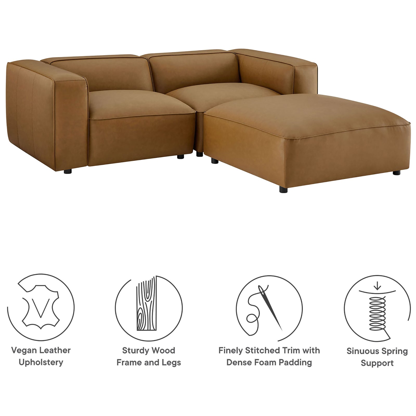 Camel modular loveseat and ottoman with icons highlighting vegan leather and support || EEI-7130-CAM || callout_studio