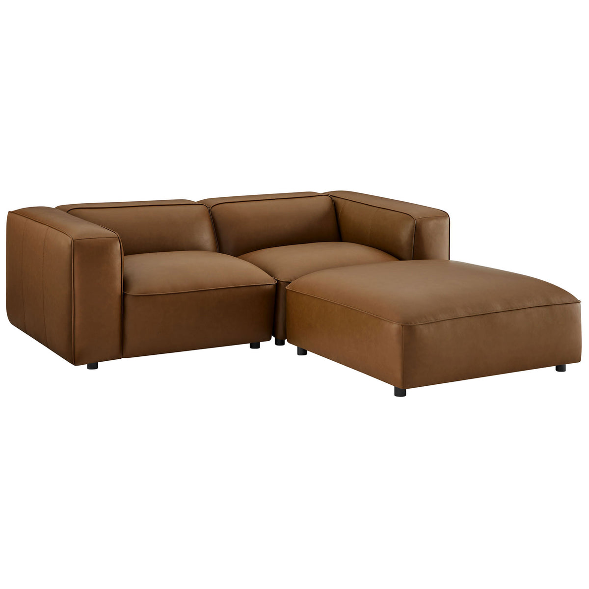 Low-profile coffee vegan leather modular loveseat with wide arms and ottoman for relaxed lounging || EEI-7130-COF || front_angle_studio