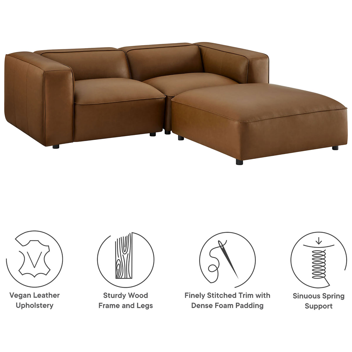 Coffee vegan leather modular loveseat and ottoman with icons calling out comfort and support features || EEI-7130-COF || callout_studio
