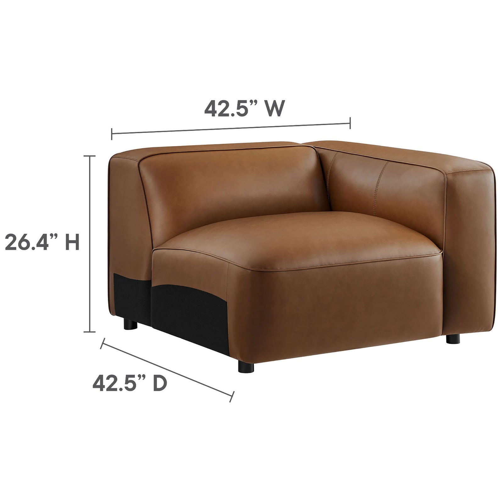 Left-arm coffee vegan leather modular chair with clearly labeled width, depth, and height dimensions || EEI-7130-COF || dimension_studio