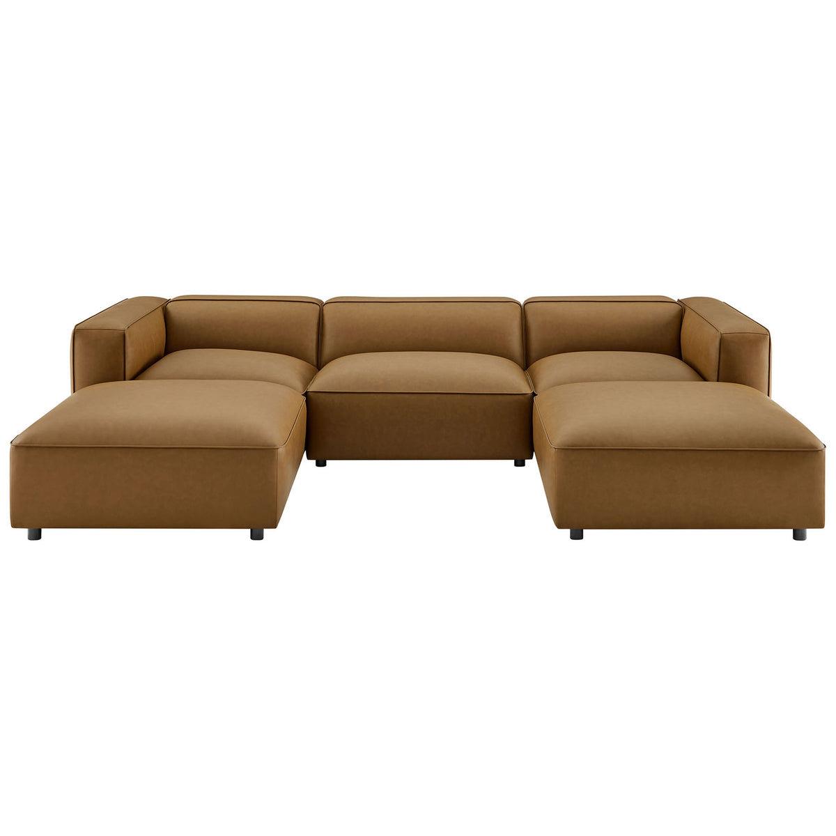 Low-profile camel vegan leather modular U-shaped sectional sofa with deep seats and plush cushions || EEI-7131-CAM || front_studio