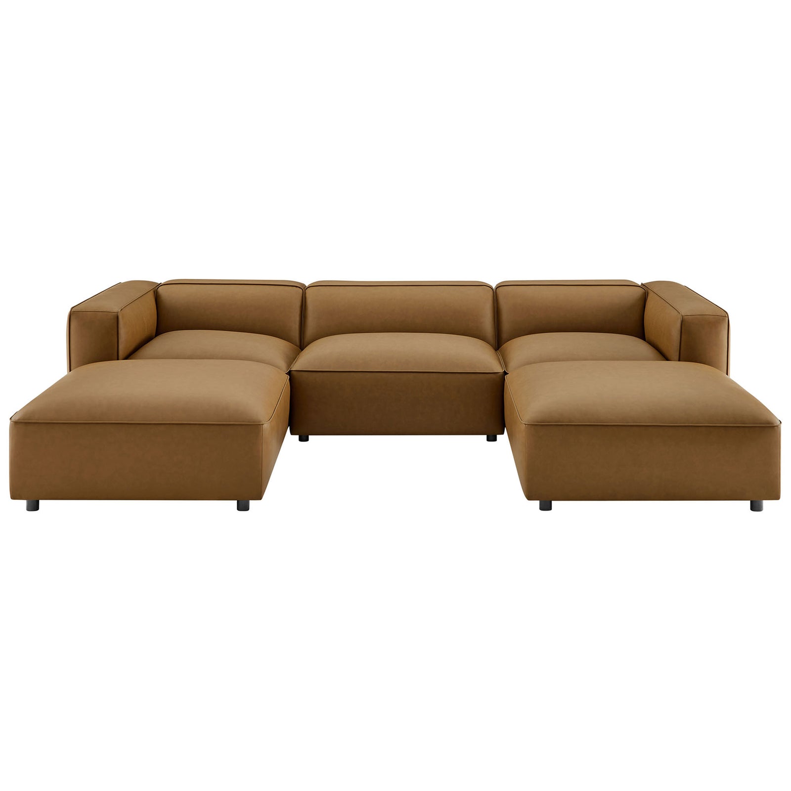 Low-profile camel vegan leather modular U-shaped sectional sofa with deep seats and plush cushions || EEI-7131-CAM || front_studio