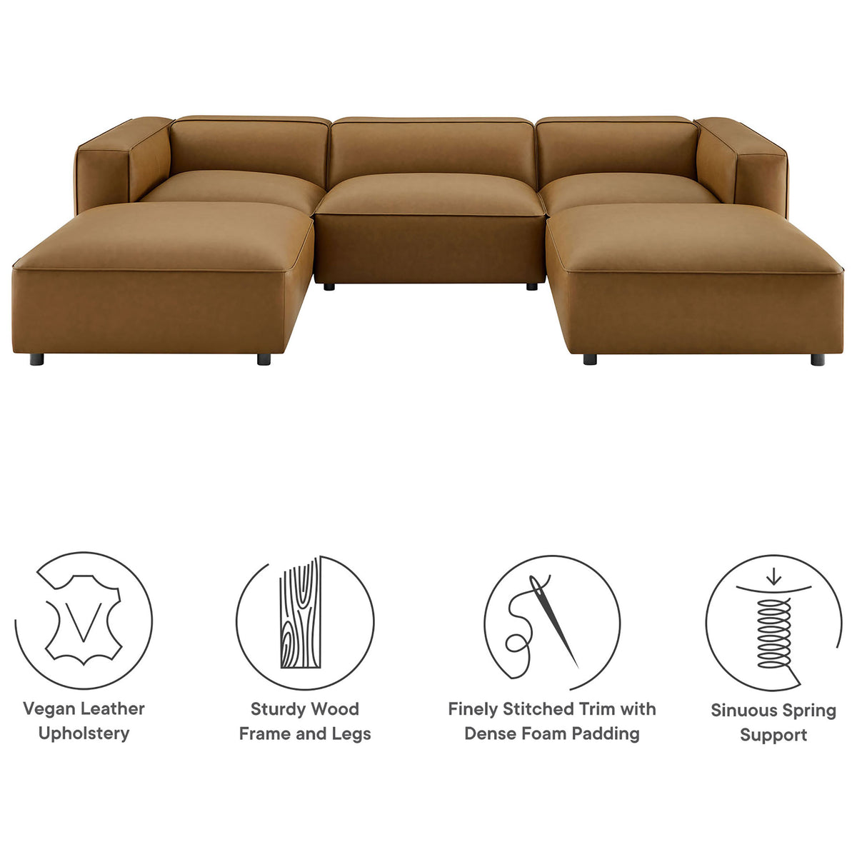 Camel vegan leather modular sectional with dense foam cushions, sturdy wood frame, and supportive sinuous springs || EEI-7131-CAM || callout_studio
