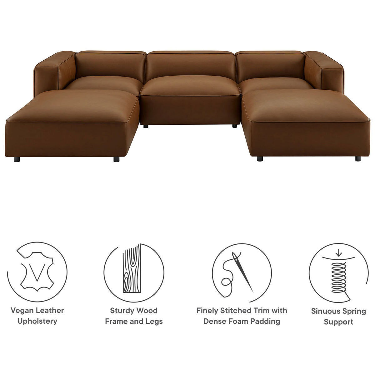 Coffee vegan leather modular sectional sofa with icons highlighting frame, padding, trim, and spring support || EEI-7131-COF || callout_studio