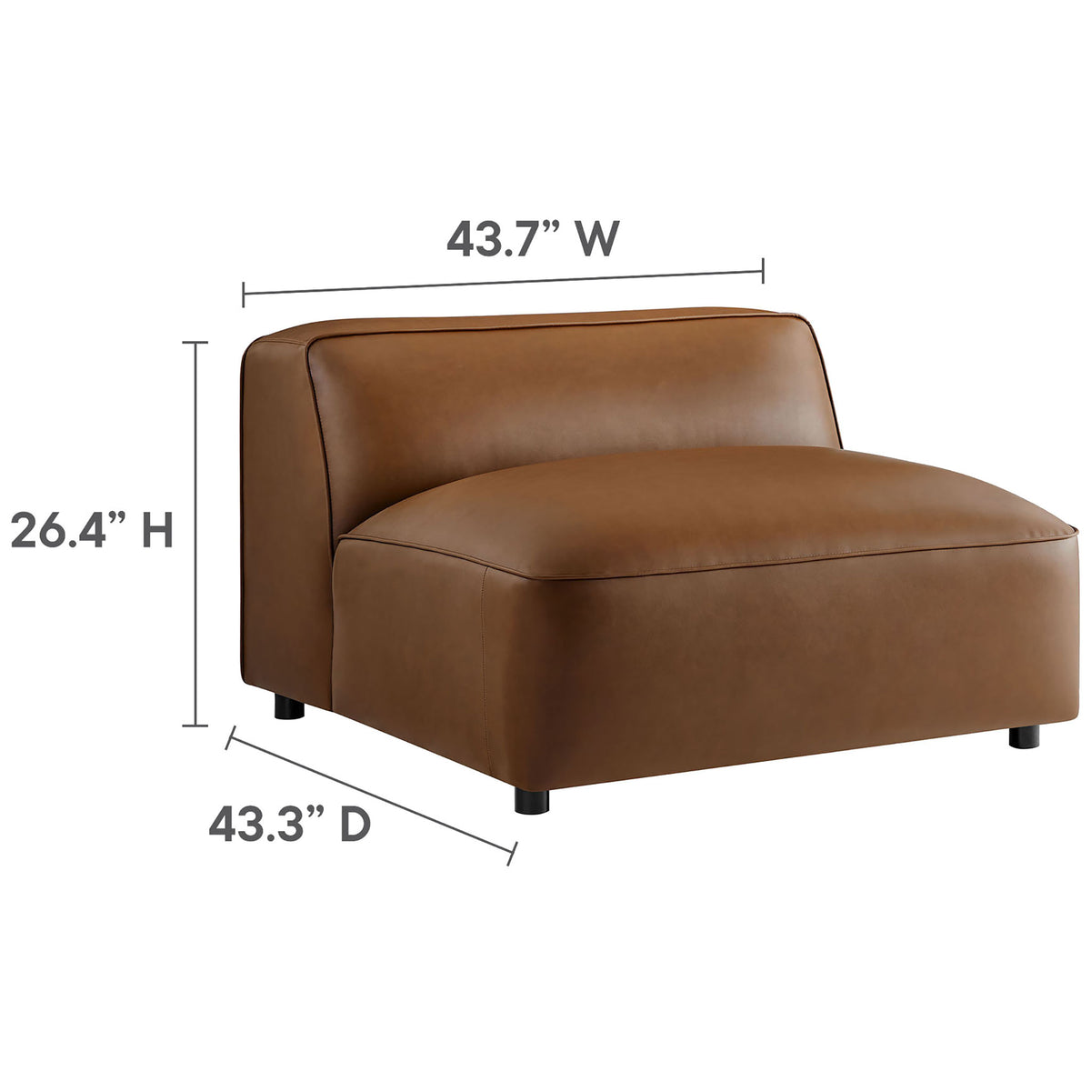 Coffee vegan leather armless chair module with measurements shown for generous deep seating || EEI-7131-COF || dimension_studio