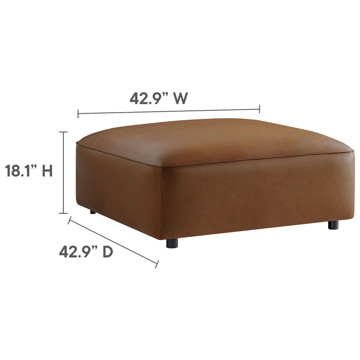 Coffee vegan leather ottoman module with spacious square cushioned top and clearly marked dimensions || EEI-7131-COF || dimension_studio