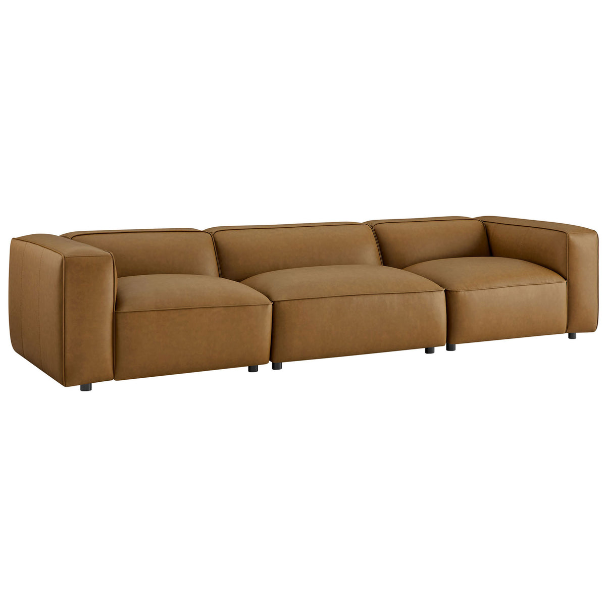 Camel vegan leather Auren modular sofa with three deep seats and wide track arms || EEI-7132-CAM || front_angle_studio