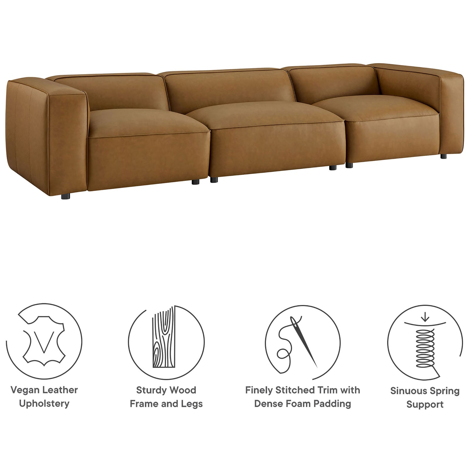 Camel Auren modular sofa with vegan leather upholstery, dense foam cushions, and sturdy wood frame support || EEI-7132-CAM || callout_studio