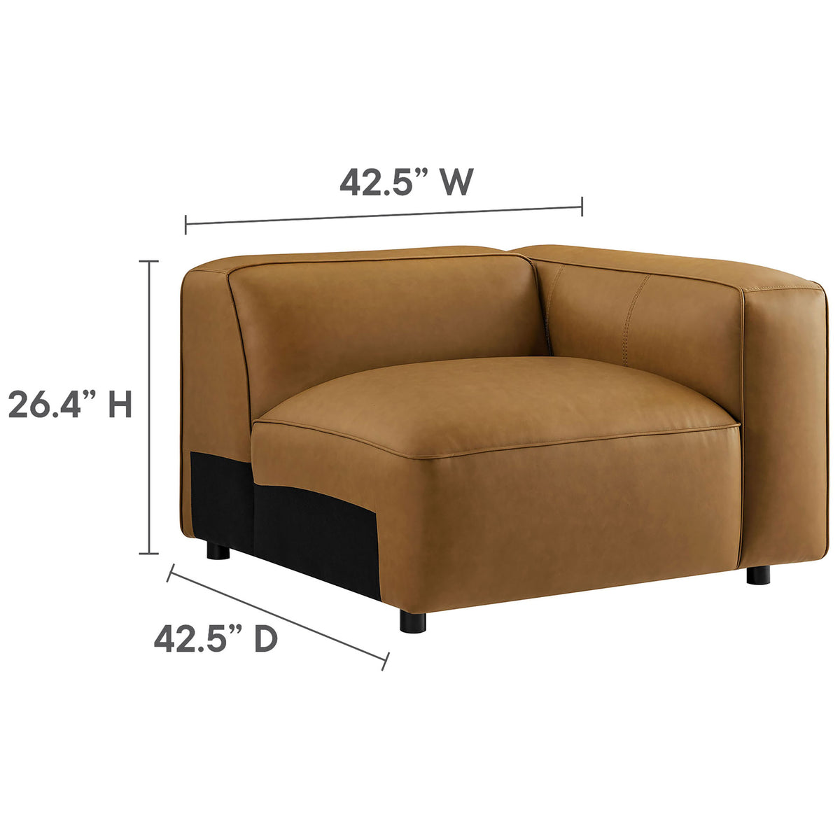 Dimensions of the Auren camel modular end seat highlighting generous depth and plush seat cushion || EEI-7132-CAM || dimension_studio