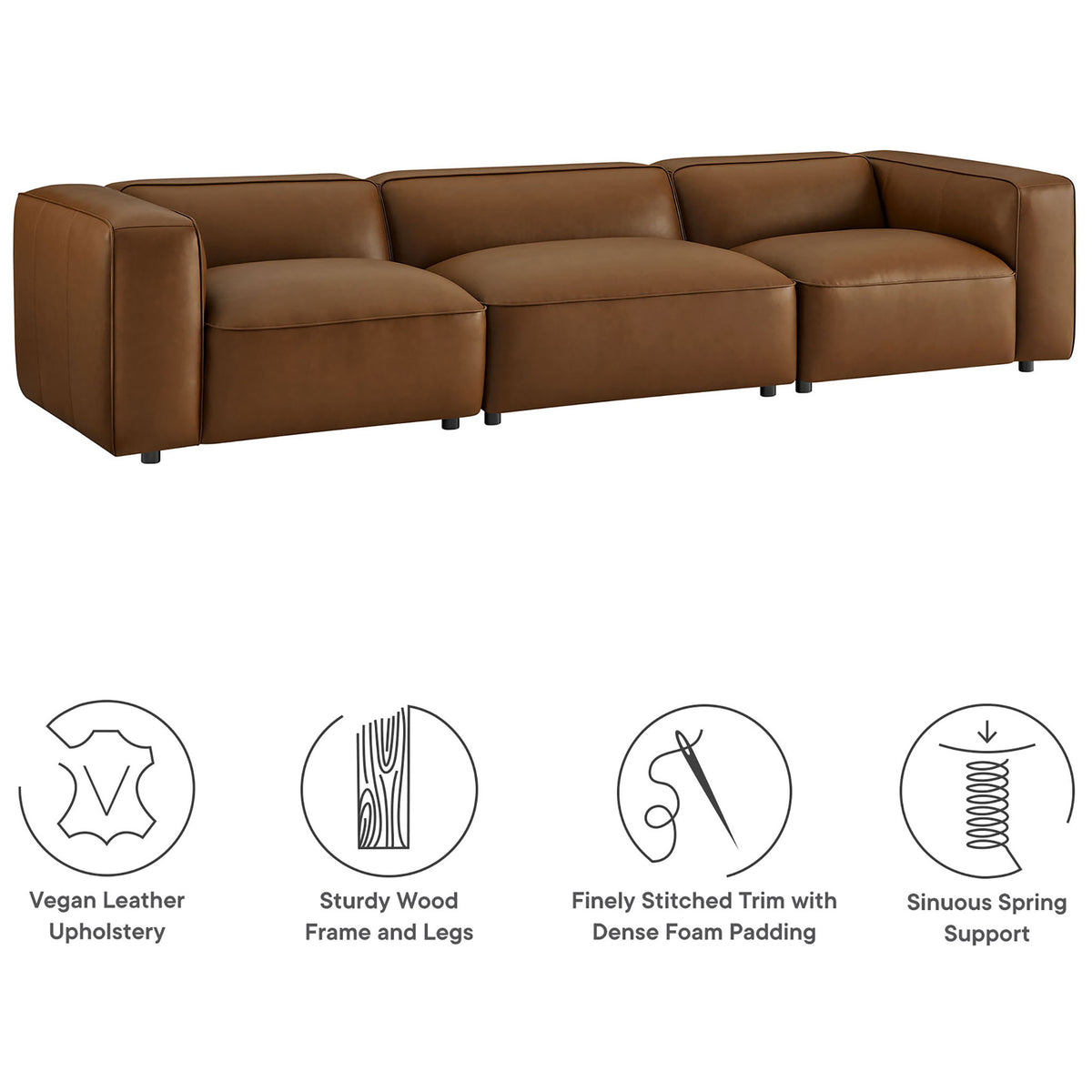 Coffee vegan leather modular sofa with icons for wood frame, dense foam, stitched trim, and springs || EEI-7132-COF || callout_studio