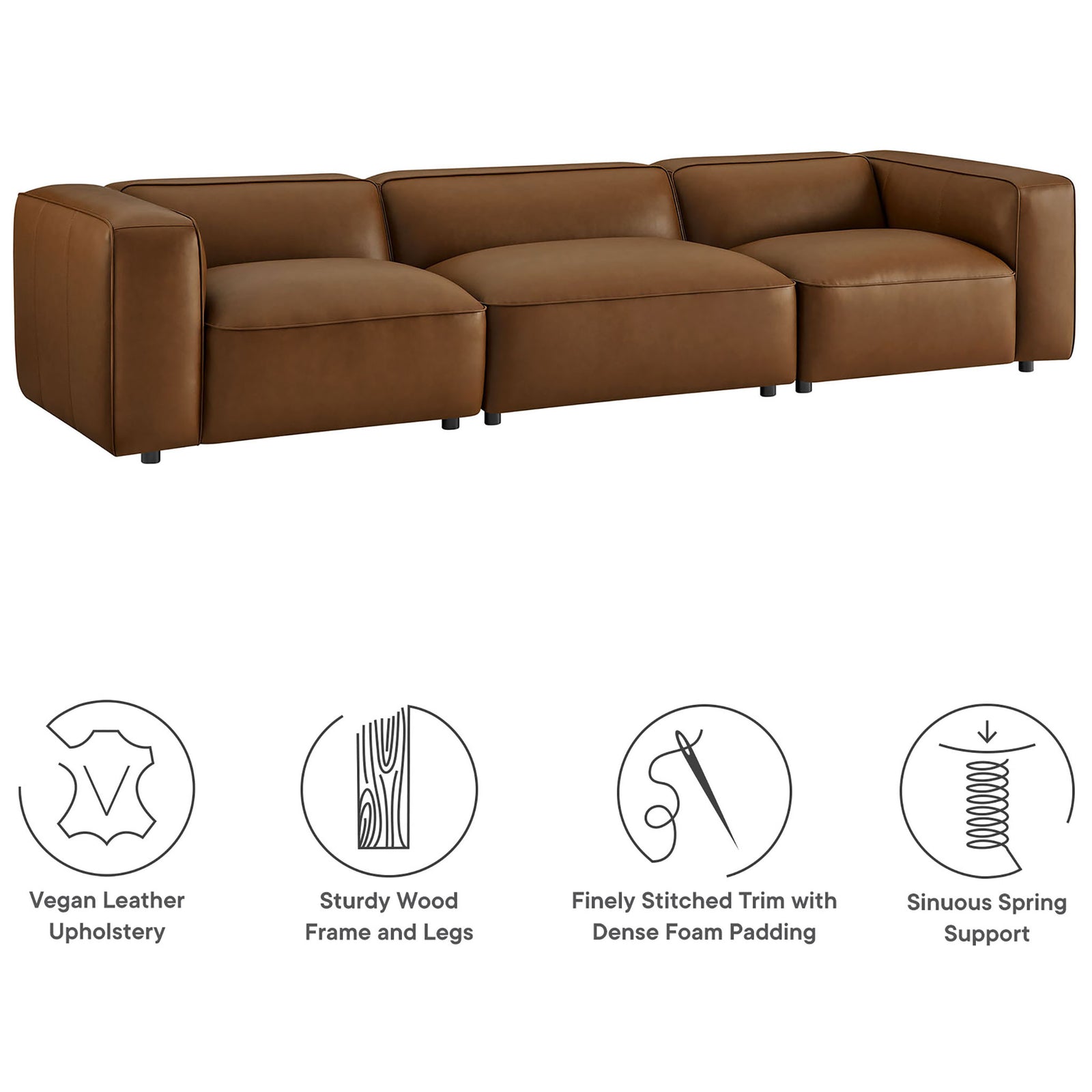 Coffee vegan leather modular sofa with icons for wood frame, dense foam, stitched trim, and springs || EEI-7132-COF || callout_studio