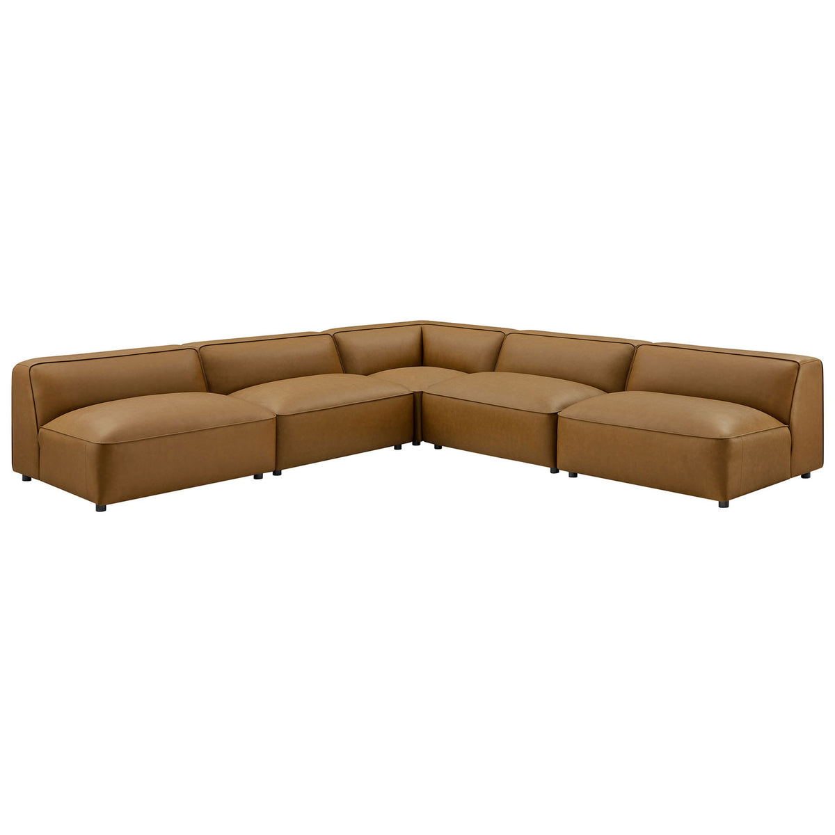 Camel vegan leather modular sectional forms a low profile L shaped sofa with deep, lounge worthy seats || EEI-7133-CAM || front_angle_studio