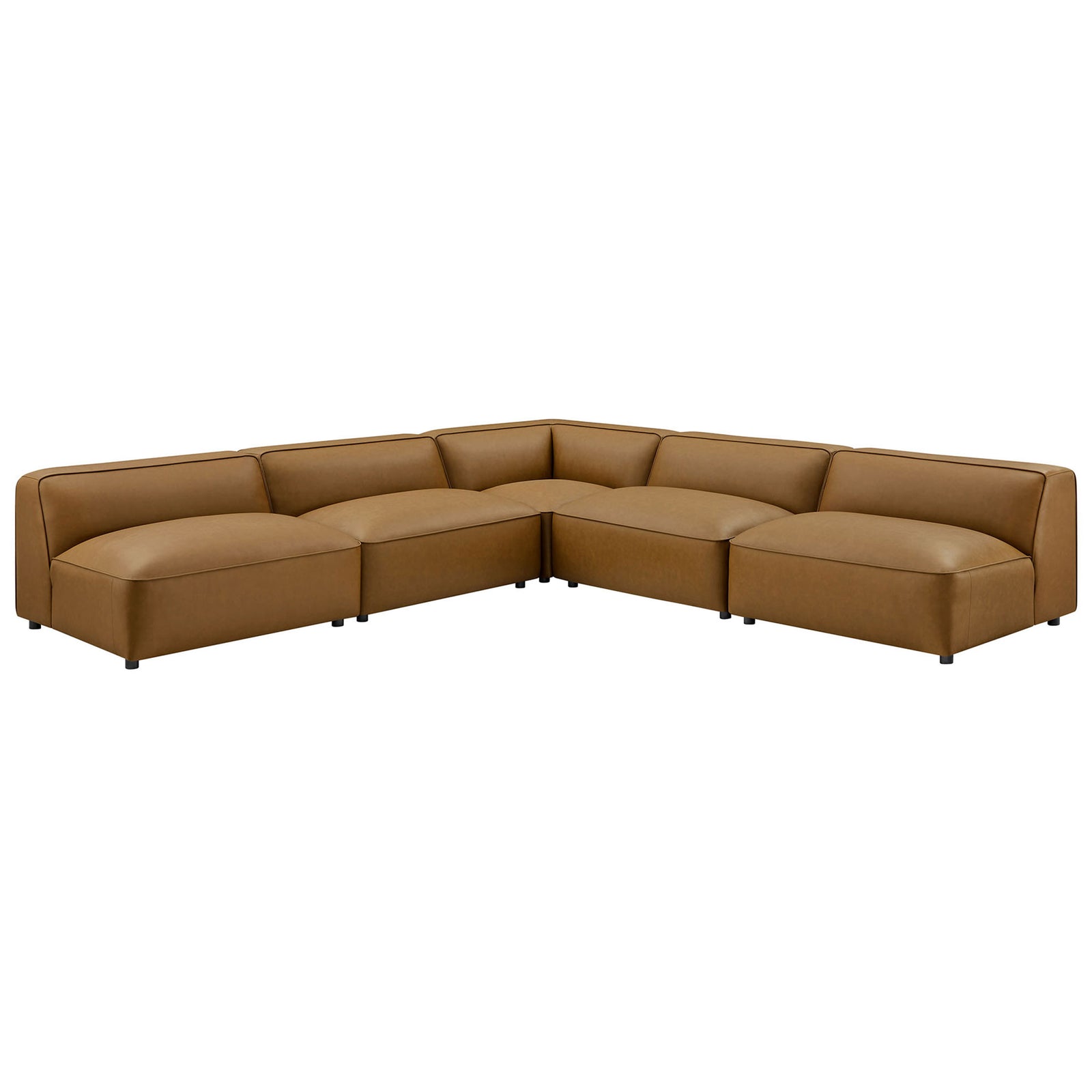 Camel vegan leather modular sectional forms a low profile L shaped sofa with deep, lounge worthy seats || EEI-7133-CAM || front_angle_studio