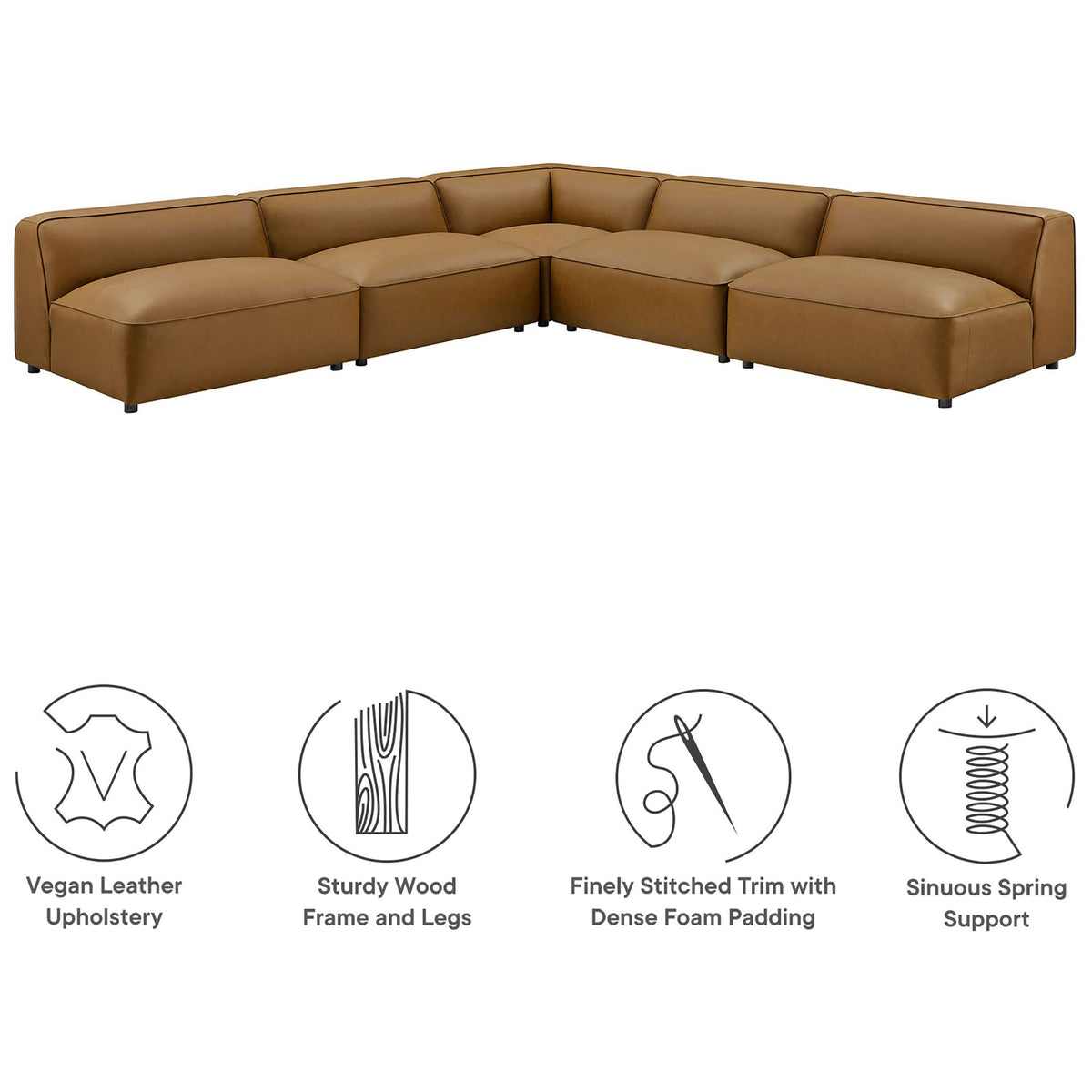 Camel vegan leather modular sectional with icons calling out supportive springs, dense foam, and sturdy frame || EEI-7133-CAM || callout_studio