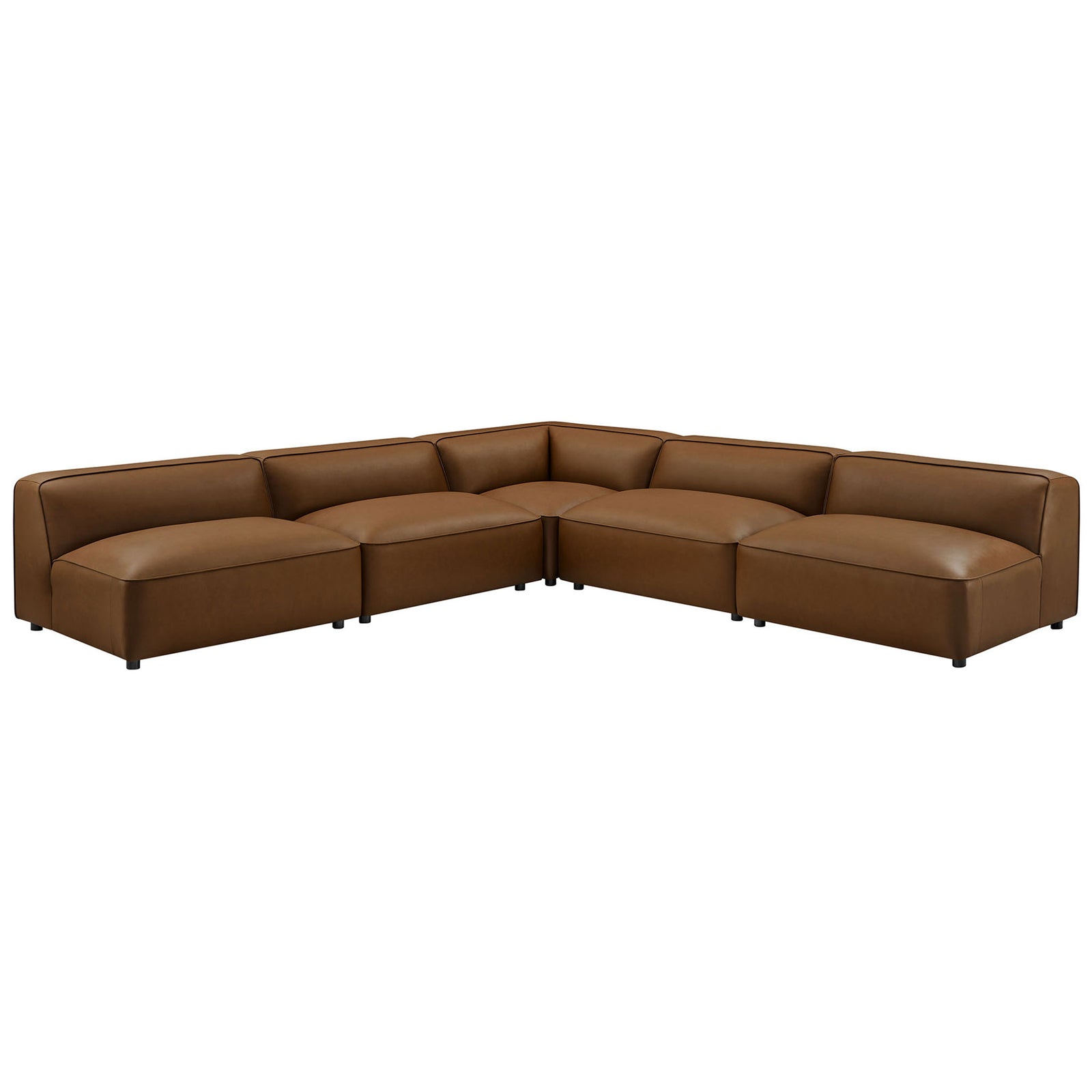 Low-profile coffee vegan leather modular sectional with deep seats forming a generous L-shaped lounge. || EEI-7133-COF || front_angle_studio