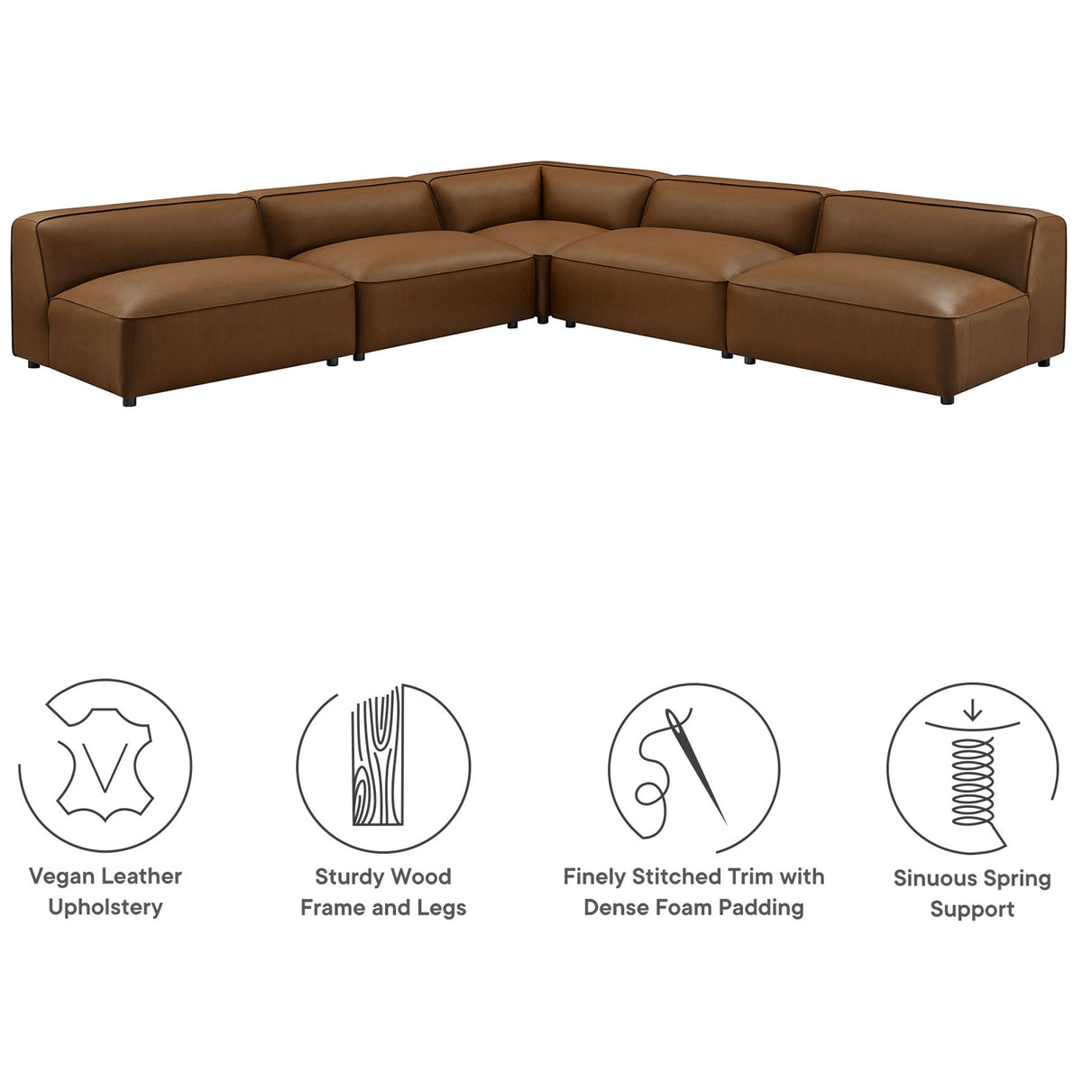 Auren modular vegan leather sectional with icons highlighting dense foam padding, wood frame, and spring support. || EEI-7133-COF || callout_studio