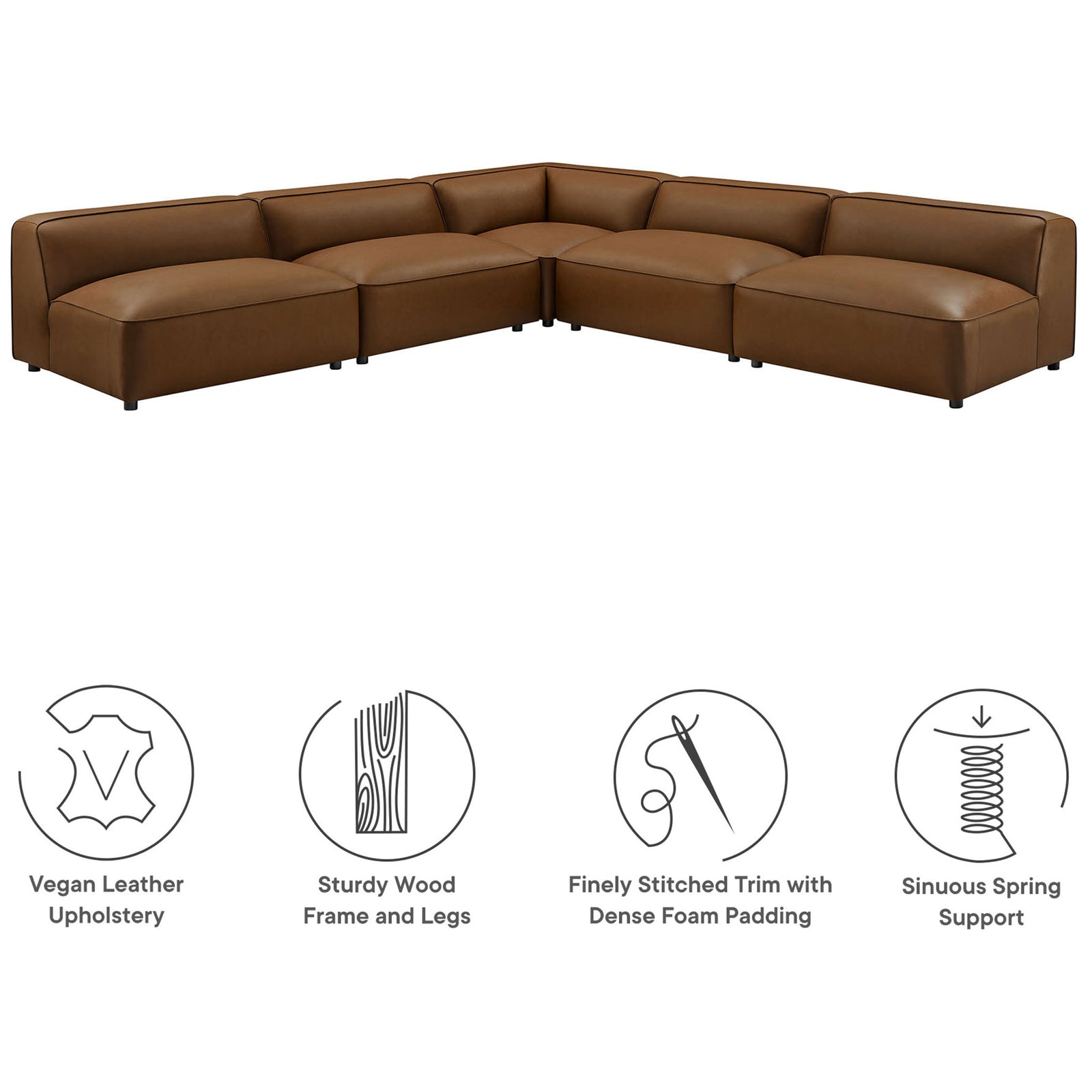 Auren modular vegan leather sectional with icons highlighting dense foam padding, wood frame, and spring support. || EEI-7133-COF || callout_studio