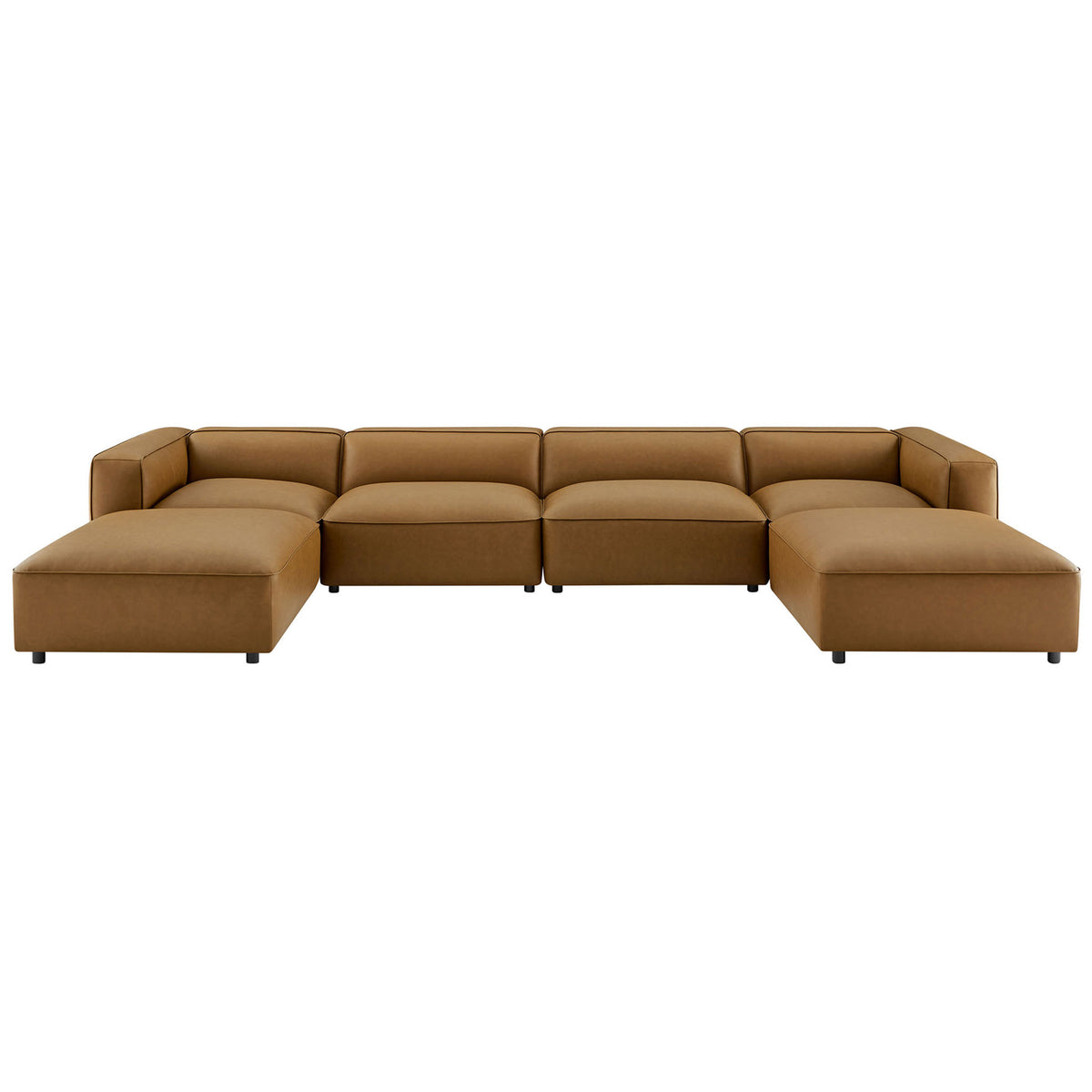 Camel vegan leather six piece modular sectional with low back cushions and wide track arms || EEI-7134-CAM || front_studio