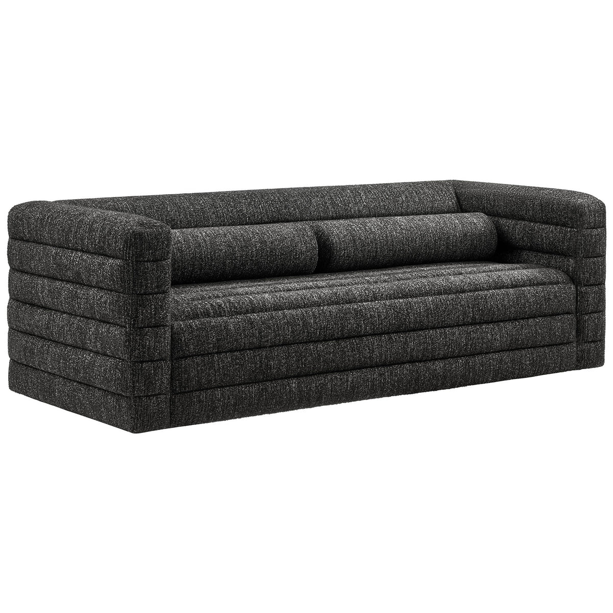 Low profile Relle sofa wrapped in textured charcoal boucle with deep seat and full back cushions || EEI-7136-CHA || front_angle_studio