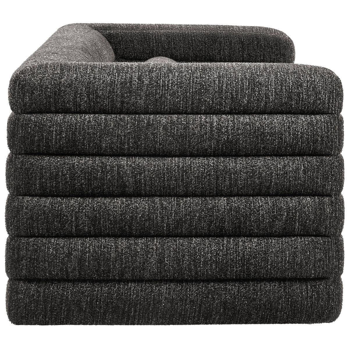 Layered channel tufted sofa with bold block arms and rich charcoal boucle upholstery all around || EEI-7136-CHA || side_studio